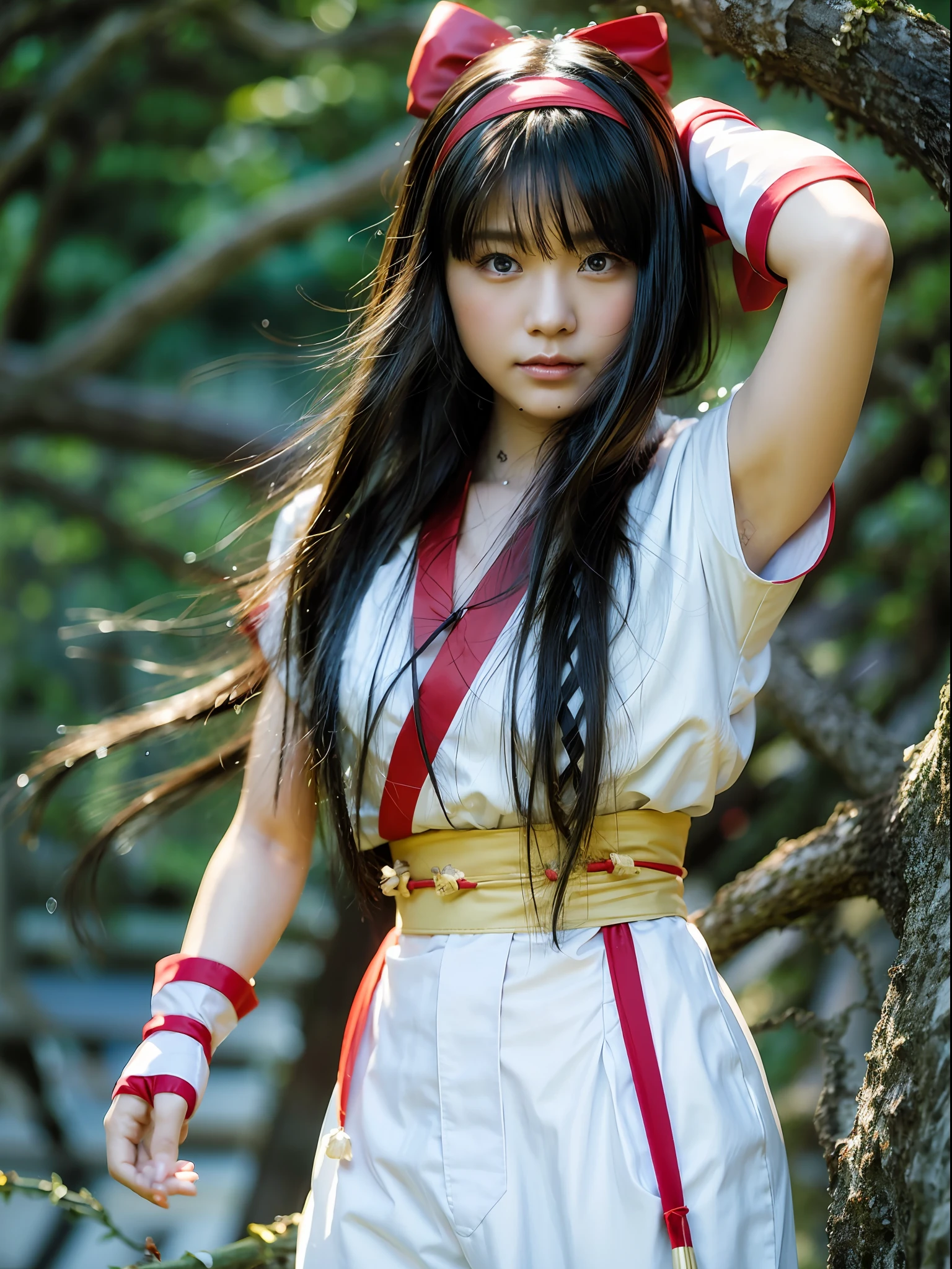 masterpiece, Best quality,1girl, red bow, bow, long hair, hair bow, Ainu clothing, Solo, Hair band, Bird, Black hair, Fingerless gloves, Short sleeves, Gloves, Sash, Pants, Bangs, Red hair band, Weapon, Chest, Brown eyes, White trousers, Japanese clothing, Nakoruru, Armpits, Light smile, Official art, Good composition, Official pose, Detailed portrait, Portrait, Bokeh, Clouds and mountain background, Samurai, Onmyoji style, high resolution, Dramatic lighting and shadows, sun flares, blurred foreground