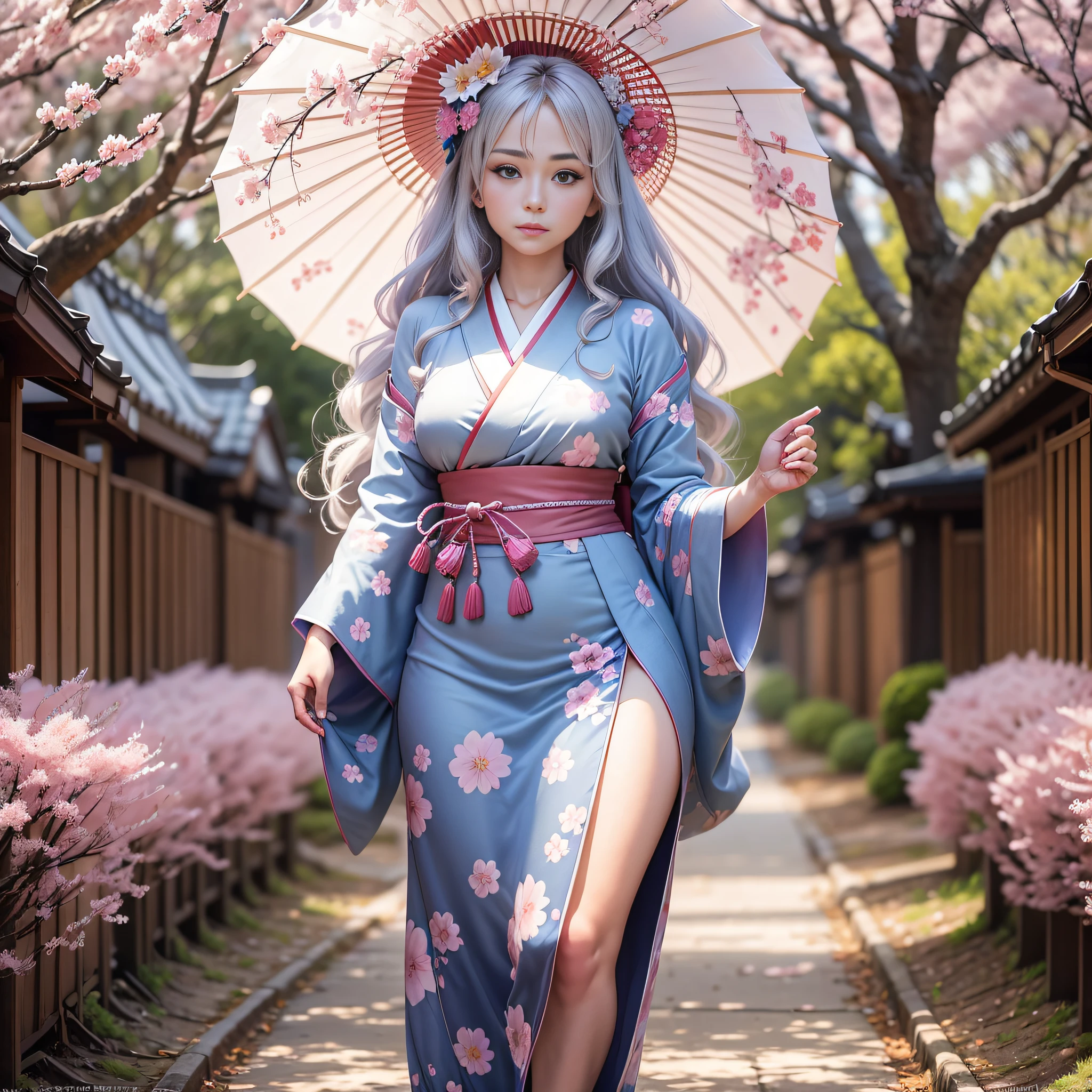 full body,full shot,sfw,beautiful russian girl in the image of a geisha with big bright blue eyes and long fluffy eyelashes Nordic type with a perfect graceful figure and very long and fluffy wavy hair of wheat colour stands in full growth on the avenue on the background of flowering Japanese pink sakura in Japanese kimono and Japanese gete shoes, the girl kimono transparent, through it transpires small breasts with bulging, White parasol for girl in hand,ground on which girl standing heavily lined with sakura petals,very artistic, high detail, clear focus, Migjorni V5 style, hyperphotorealistic, perfect proportions, golden ratio, Leonardo Davinci style, Jerry Gionis style, backlight, outline, sunlight, soft foreglow, soft focus, Photo Monocle style. - --auto --s2