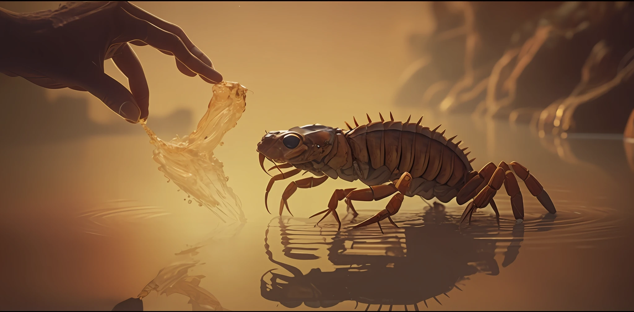 there is a small crab that is eating something out of the water, giant centipede, centipede, sandworm, weta disney pixar, scorpions, highly detailed surreal vfx, ancient creature, weta digital, weta disney movie still photo, beeple and jean giraud, an ancient creature, by Adam Marczyński, epic 3 d oxossi --auto --s2