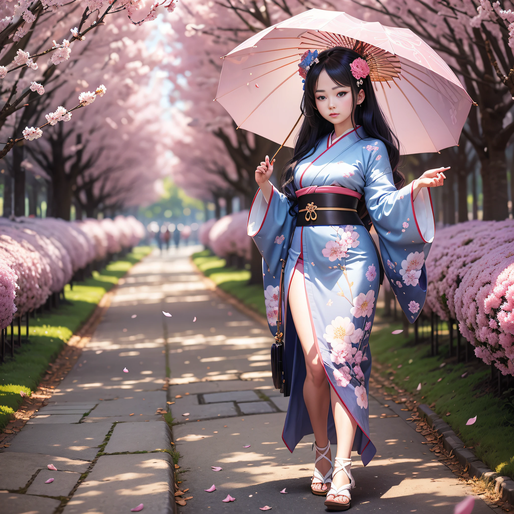 full body,full shot,sfw,beautiful russian girl in the image of a geisha with big bright blue eyes and long fluffy eyelashes Nordic type with a perfect graceful figure and very long and fluffy wavy hair of wheat colour stands in full growth on the avenue on the background of flowering Japanese pink sakura in Japanese kimono and Japanese gete shoes, the girl kimono transparent, through it transpires small breasts with bulging, White parasol for girl in hand,ground on which girl standing heavily lined with sakura petals,very artistic, high detail, clear focus, Migjorni V5 style, hyperphotorealistic, perfect proportions, golden ratio, Leonardo Davinci style, Jerry Gionis style, backlight, outline, sunlight, soft foreglow, soft focus, Photo Monocle style. - --auto --s2