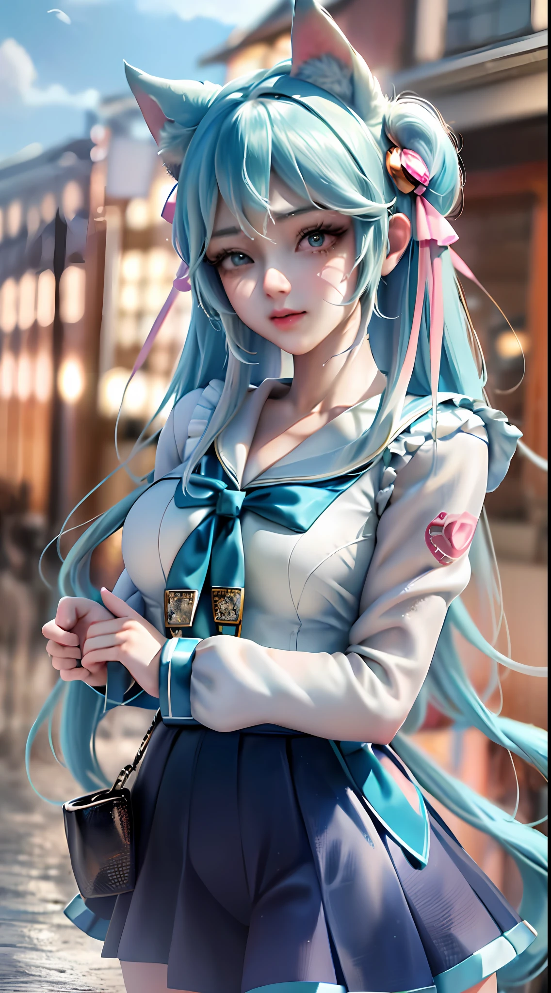 (masterpiece), (best quality), highly detailed, HDR, 1girl, solo focus, skindentation, pantyhose, perfect face, puffy face, beautiful face, big eyes, puffy eyes, perfect eyes, eyelashes, hatsune miku, extremely detailed face, brunete, School Uniform, White Sailor Collar, Glazed Eyes, Sailor Collar, Blue Skirt, Animal Ears, Blue Sky, Long Sleeves, Blue Shirt, Looking at the Audience, Closing Your Mouth, Cat Ears, Link Fence, Pleated Skirt, Cloudy Sky, Trash Cans (Magazine: 1.3), (Cover-style: 1.3), Fashion, Woman, Vibrant, Dressing, Posing,