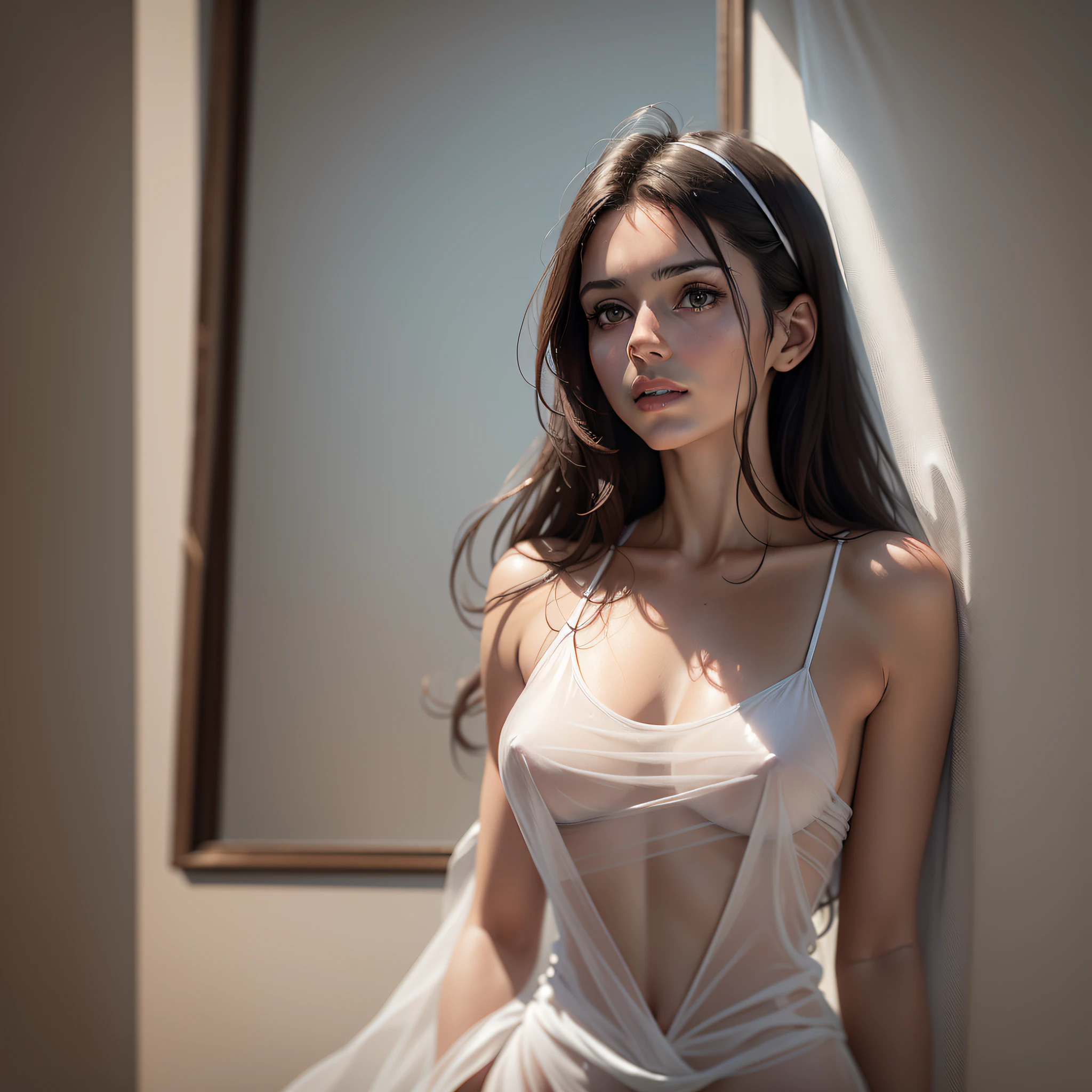 Amateur photo of a beautiful young French brunette woman of 30 years, standing, with a small pointed nose, a very small chest in drooping washcloth with very long, black eyes, under a thin transparent cotton dress, hyper realistic contemporary work of art with light rendering techniques and advanced perspectives, Rendered inspired by the greatest photographers for an 8K rendering