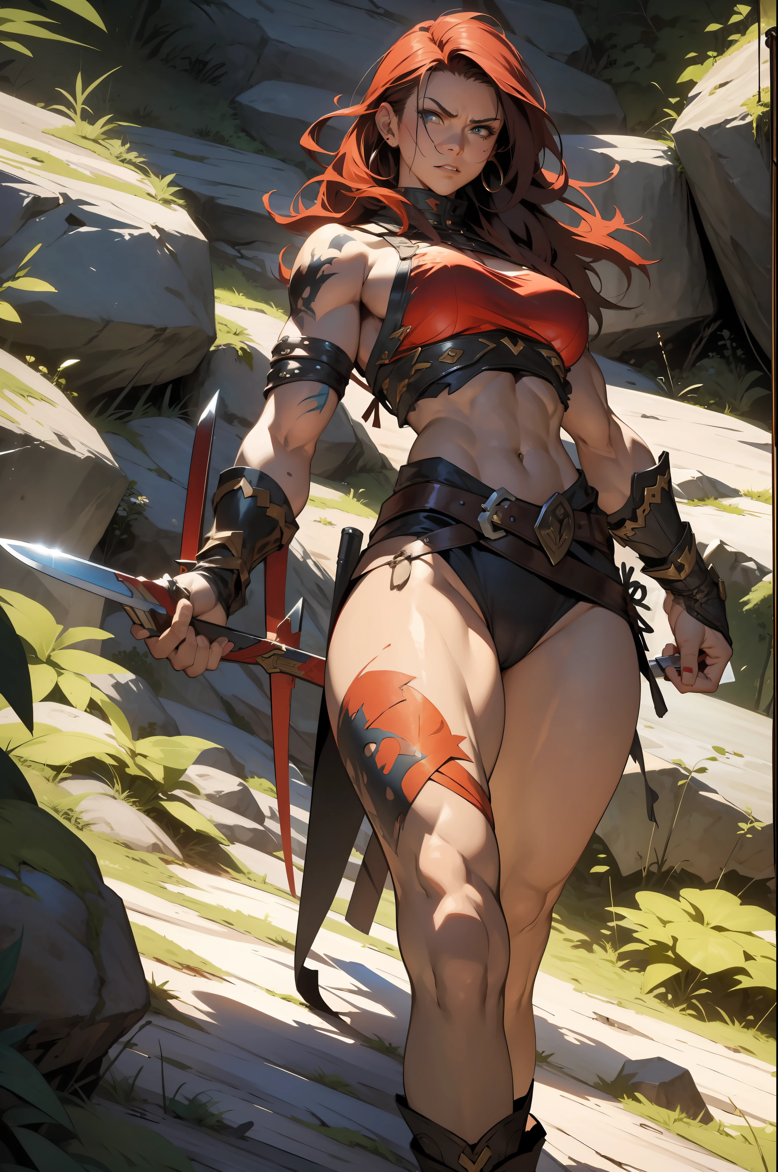 ((Simon Bisley)), Beautiful full-bodied woman, 30 years old, muscular and perfect body, barbarian warrior with little clothing, tiny thong, large breasts, generous neckline, holding a bloodstained sword, brave face, dark kingdom, sexy pose, walking among the rocks