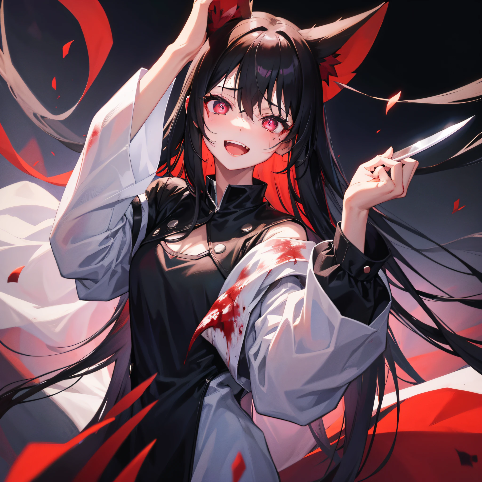 Cute girl, affectionate gaze, laughing, laughing, laughing, laughing wildly, blood on her face, black rabbit ears, long black hair, lethal sight, love in her pupils, long cuffs, hands covered by sleeves, holding a knife with blood