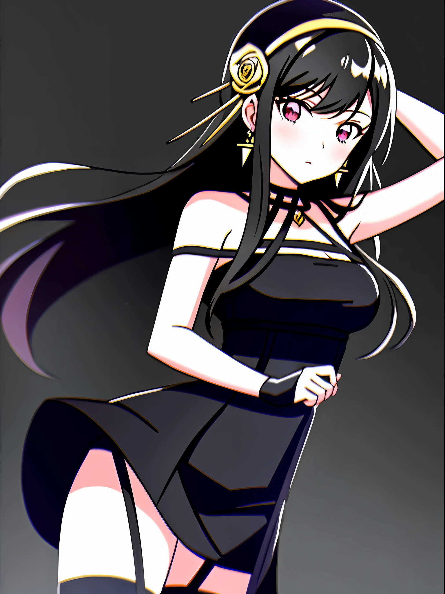 Yor Briar, 1girl, anime girl in black dress, 1 7 - anime gothic girl, detailed doujin art, high quality fan art, is a slim and cute anime woman in beautiful clothes, she wears black dress, official fan art, tifa lockhart bare shoulders, black skirt, black hair, breasts, shut up, skirt, earrings, flowers, hair flowers, hair accessories, hair bands, jewelry, medium chest, long hair, looking at the audience, red eyes, side hair, sleeveless, solo, upper body, black background,((Masterpiece))
