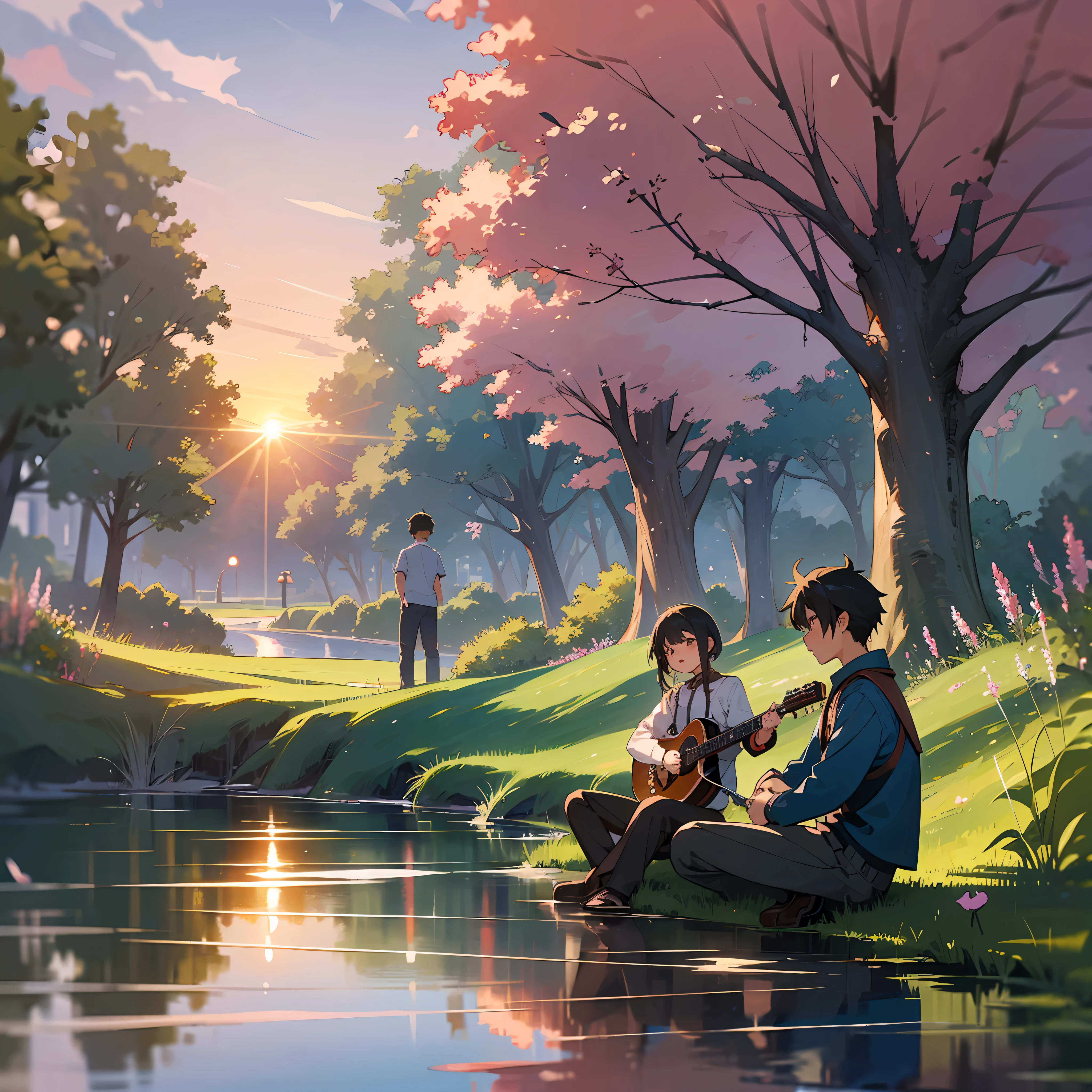 Highly detailed, ultra realistic, masterpiece, award winning picture, 1boy ,1 girl , sitting together, butiful garden , sunset time ,weath rany &windy, there were breach and river,birds flying,boy & girl on picnic, bonfire,boy playing guitar, romantic scenes, anime character, Kimi no na wa --auto --s2