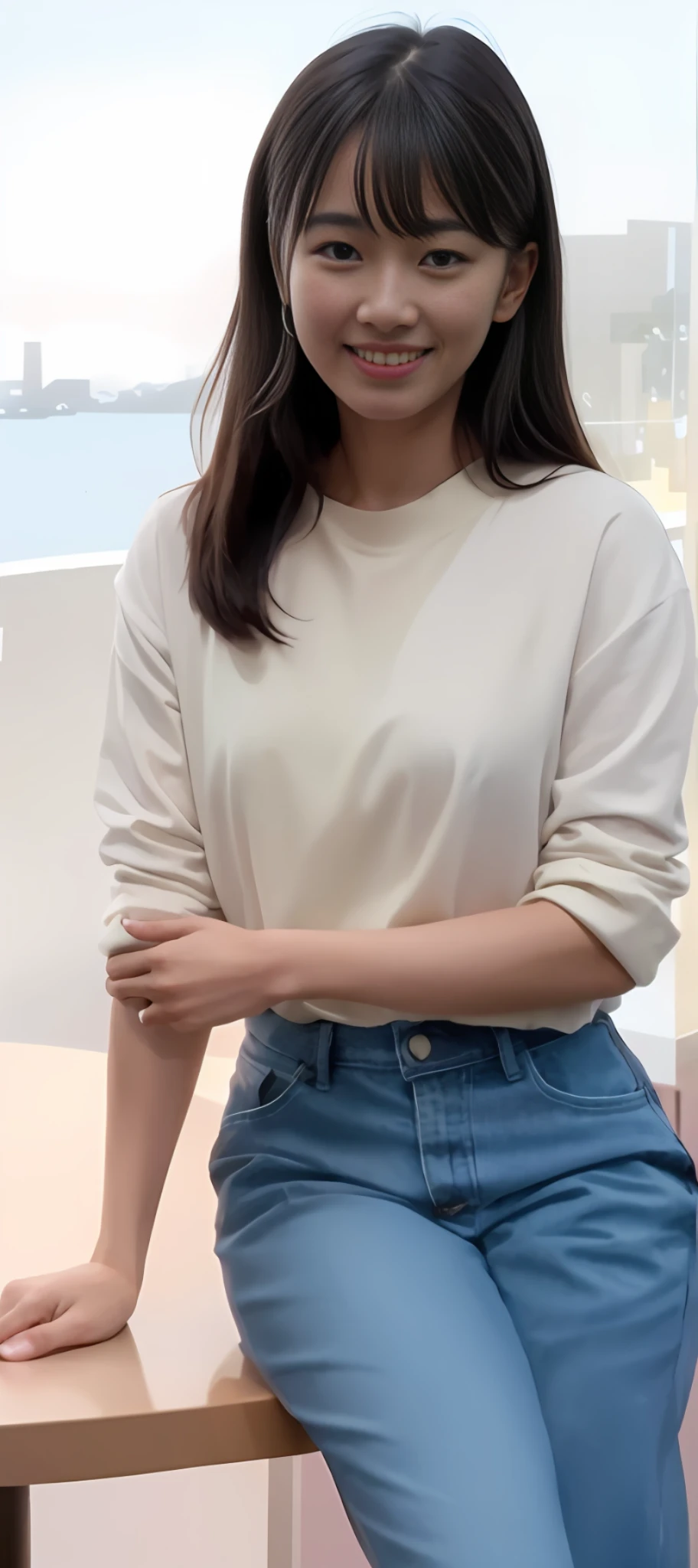 (skin blemish:1.2), (skindentation), black eye, 1woman, 18yo, (((woman))), solo, realistic, best quality, photorealistic, masterpiece, 8k, high res, solo, extremely detailed face, (professional lighting, bokeh), (light particles, lens flare, glowing particles:0.6), (dynamic pose:1.2), soft lighting, top angle view, fashionable and trendy atmosphere, restaurant, harbour, ((evening time)), sky, ((looking at the viewer:1)), (looking at the camera),(portrait:0.6), sitting and drinking a cocktail, gorgeous, keep original facial proportion, full body, (small breast), (long hair), black hair, floating hair, lips, lipstick, seductive smile, floating hair, smile, open_mouth, teeth, (white shirts), (navy pants), eyelashes, mole, (mole under eye:1),