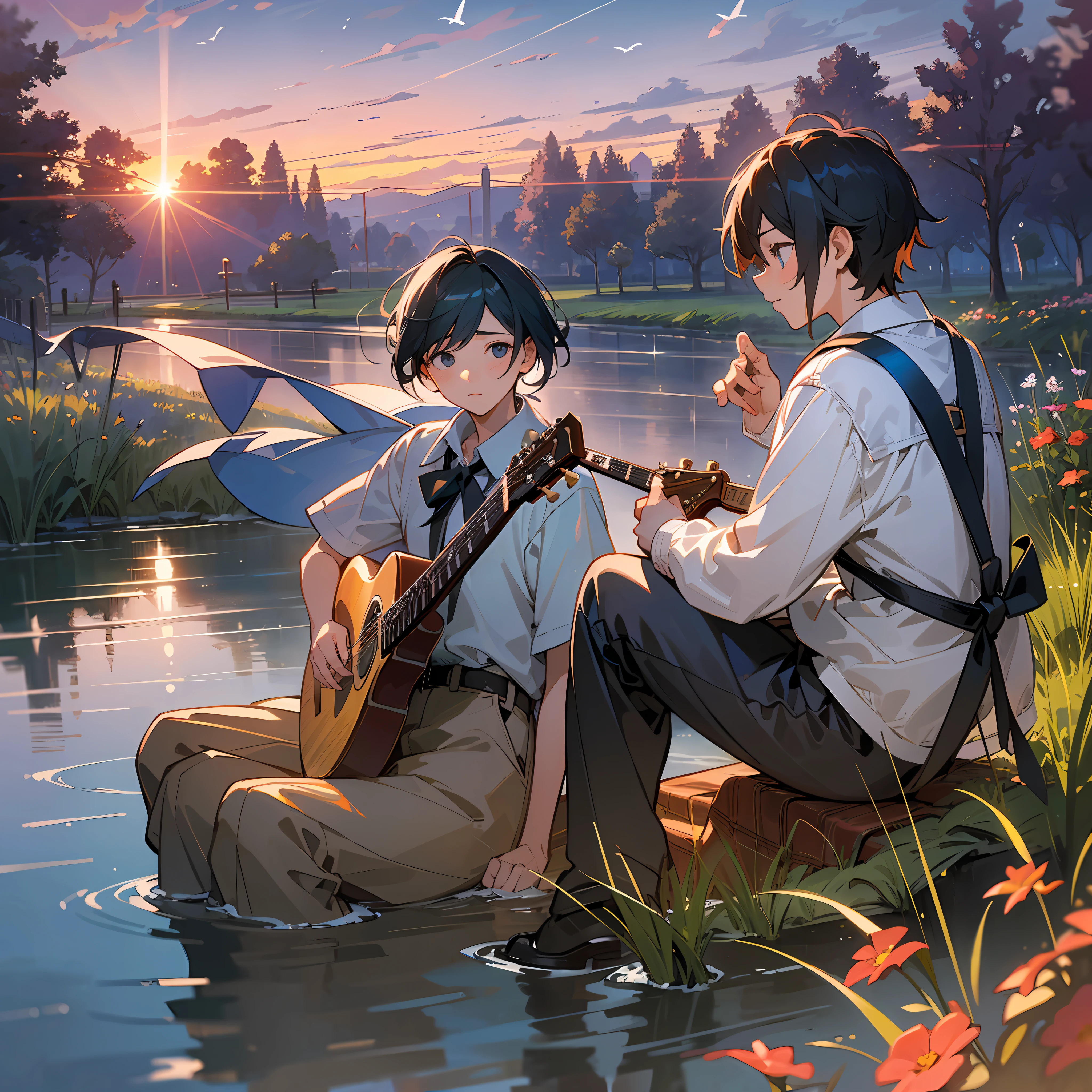 Highly detailed, ultra realistic, masterpiece, award winning picture, 1boy ,1 girl , sitting together, butiful garden , sunset time ,weath rany &windy, there were breach and river,birds flying,boy & girl on picnic, bonfire,boy playing guitar, romantic scenes, anime character, Kimi no na wa --auto --s2
