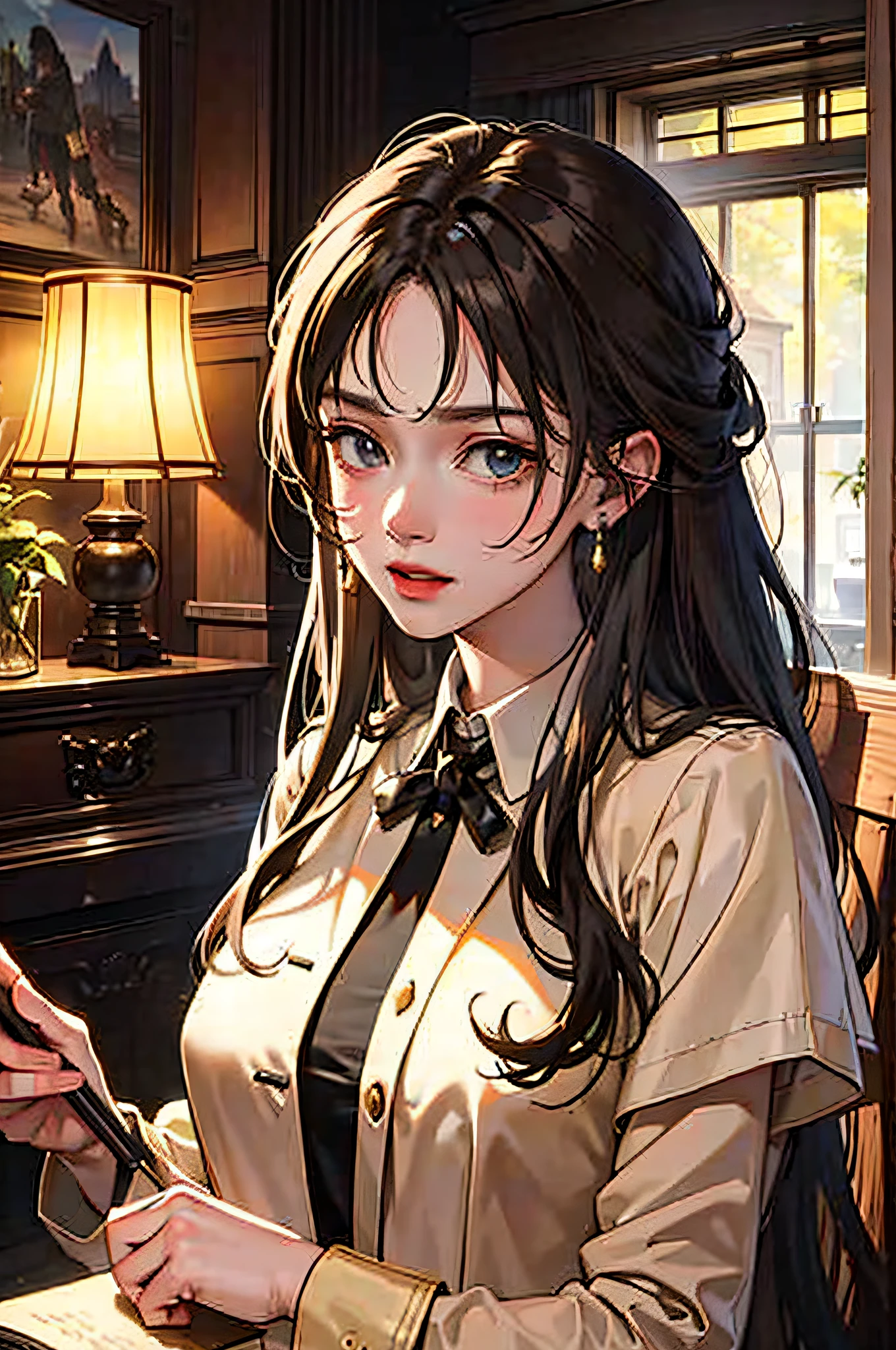 (Masterpiece, Best Quality: 1.4), (8K:1.3), Ultra Detailed, Highly Detailed, Extremely Detailed Light and Shadow, Tyndall Effect, Best Light, 1 Girl, Rin Higashisaka, Trench Coat, Double Tail, Shy Expression (Very Detailed Face: 1.2), Close-up, Earrings, Hall, Table, Kerosene Lamp, Sunlight Shining into the Room, Dust in the Sun, Leather Chair, Original Interior Decoration,