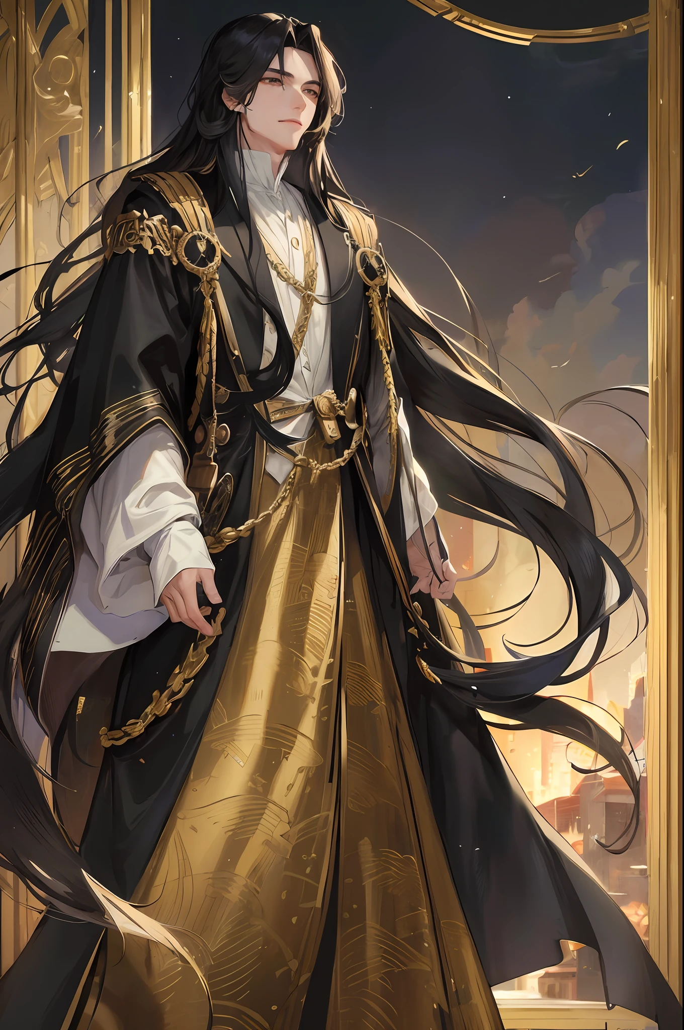 Masterpiece, Best Quality, Night, Full Moon, One Man, Black Hair, Black Eyes, Black Eyes, Split Hair, Long-haired, Long-haired, Long-haired, Man-mae, Serious, Gentle, Tall, Calm, Black and Gold Blend, Gold Pattern, Dragon Pattern Road, Prince, Palace