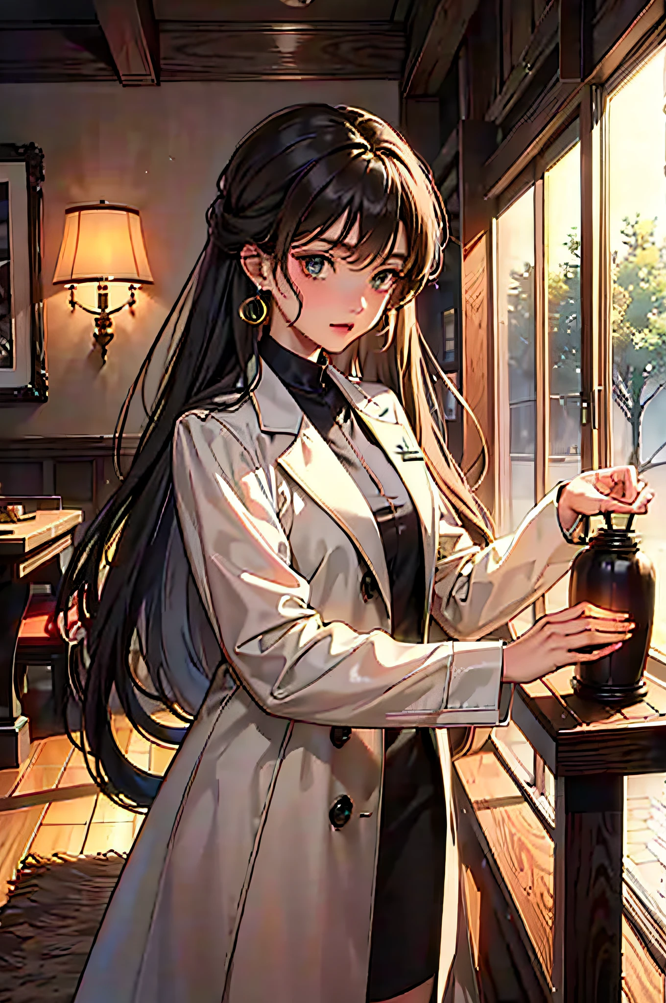 (Masterpiece, Best Quality: 1.4), (8K:1.3), Ultra Detailed, Highly Detailed, Extremely Detailed Light and Shadow, Tyndall Effect, Best Light, 1 Girl, Rin Higashisaka, Trench Coat, Double Tail, Shy Expression (Very Detailed Face: 1.2), Close-up, Earrings, Hall, Table, Kerosene Lamp, Sunlight Shining into the Room, Dust in the Sun, Leather Chair, Original Interior Decoration,