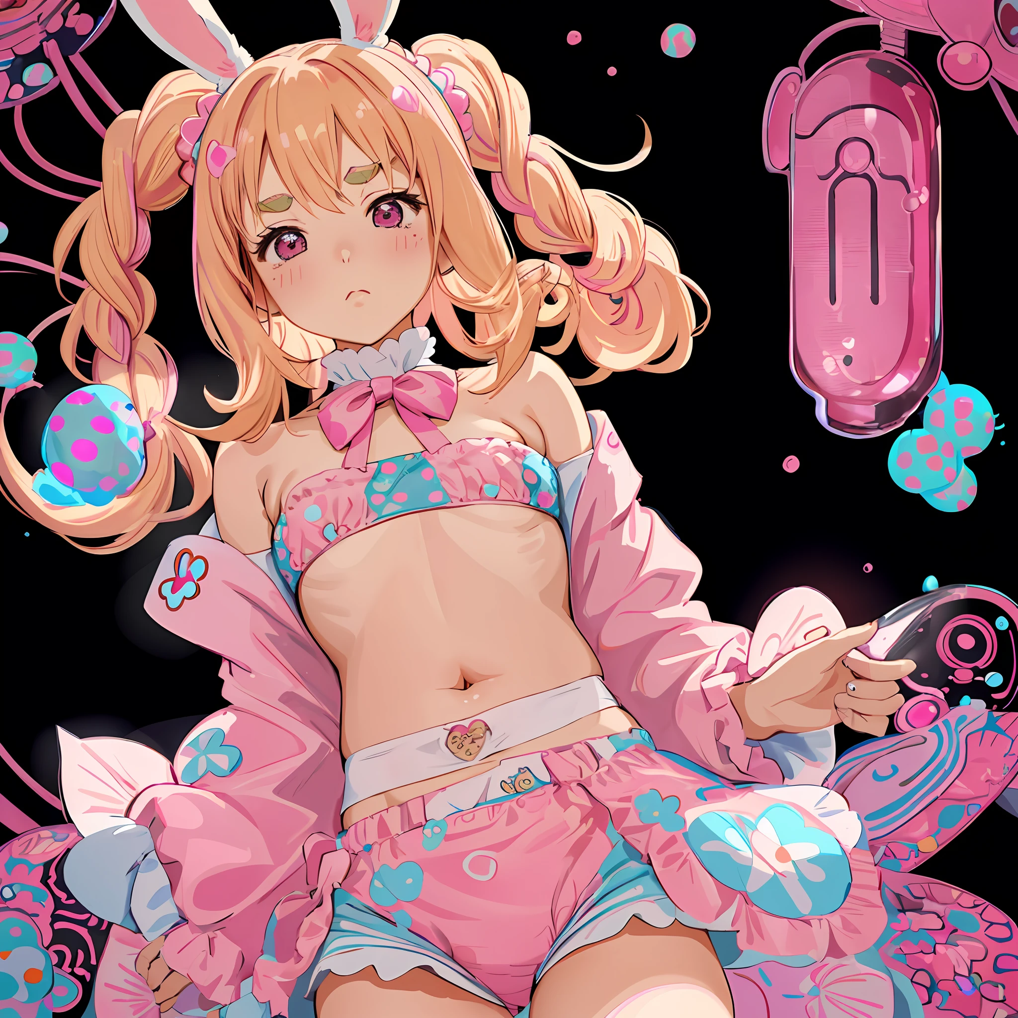 Yayoi Kusama, pink and light blue, centered, nipple seal and low-rise shorts fusion, small, female brat, thick eyebrows, thin waist, pigtails, beautiful blonde, braid, rabbit ears, (masterpiece), ((highest quality)), (super detailed), girl, clean and detailed face, five fingers, textile shading, perfect human body structure, perfect anatomy,