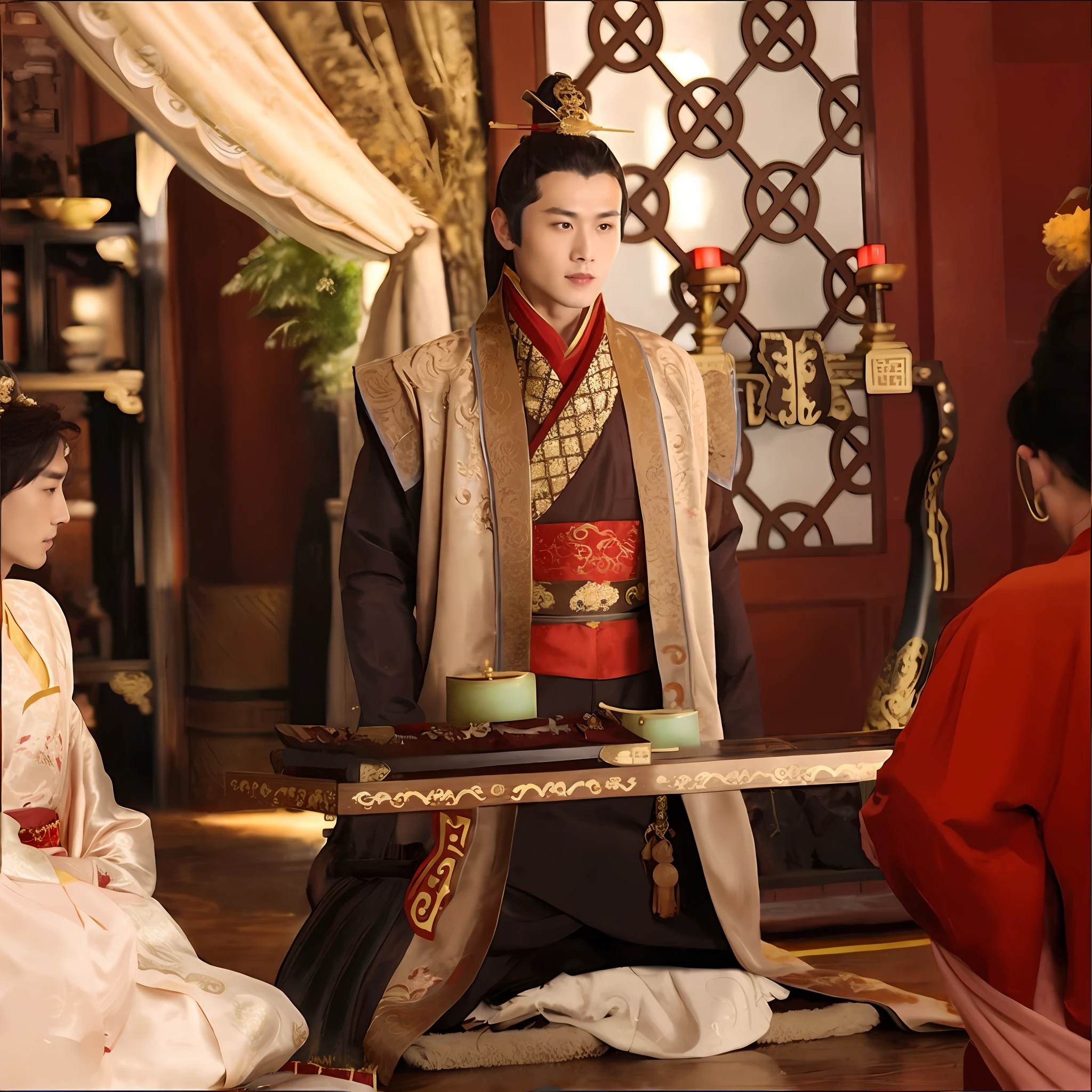 Dressed in traditional Chinese costumes, wearing a gilded red robe, wearing a gilded red imperial robe, Zhao Yun, historical drama, wearing a Chinese ancient costume, imperial elegant costume, wearing a gilded robe, awarded him the title of nobility, opening, Jia, on the set, handsome, wearing a red robe