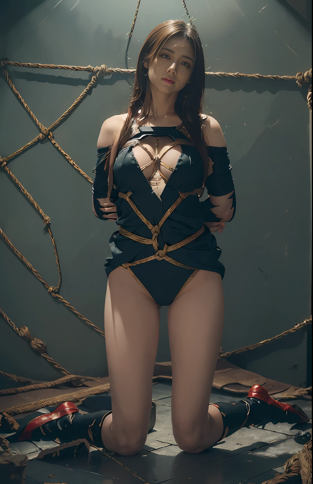 (Ultra Realistic), (Illustration), (Increased Resolution), (8K), (Extremely Detailed), (Best Illustration), (Beautiful and Detailed Eyes), (Best Quality), (Ultra Detailed), ( Masterpiece ), ( wallpaper), (detailed face), solo, 1 girl, looking at viewer, fine details, detailed face, in the dark, deep shadows, low key, pureerosfaceace_v1, smiling, long hair, black shawl straight hair , 46 points oblique bangs, (NSFW),(((Wearing the torn sheer costume of the superheroine))),(((No panties, no bra))), wet crotch, wet thighs, Beautiful girl with slender abs emphasized: 1.4, ((The tip is protruding, the areola is protruding, the shape of the pubic area is clearly visible)) ), Six Pack Abs: 1.4, Bust Botox, Big, Perfect Body, Photography, Sharpness, Unique 850 4, Koda850 K Portrait Camera, F1.6 Lens, Ultra-Realistic Textures, Magnificent Light Textures, Cinestil 800 Fashion Mechanism, (Futuristic Sci-Fi Battle Fashion, Elbow and Knee Cyberpad, Cyber Long Boots, Cyberglove: 1.1), ((Shibari)), ((arms behind the back)), (Completely bound with chains)))), restraints, slaves, collars, contempt, (((tears flow, pain, cry with pain)), sweating, ((wide prison with sunlight)))), dark fantasy, peeling ceilings, broken slabs, rebar between cracks, realistic material details, extreme details, Ultra-realistic material, broken walls, (((Torn costume))), wet, cloudy, ((ropes made of chains digging into the crotch, hands tied behind the back, invisible hands)), (no pan no bra))), costume torn to shreds, broken golden shield and combat spear lying around, long combat boots with white knee pads, white long gloves, combat shoulder armor, junkyard, raining blood, guro, blood on face, blood splatter, realistic, (bruises, dirty, ripped clothes, revealing clothes, blood: 1.3), brown hair, long hair, torn cape, torn pantyhose,