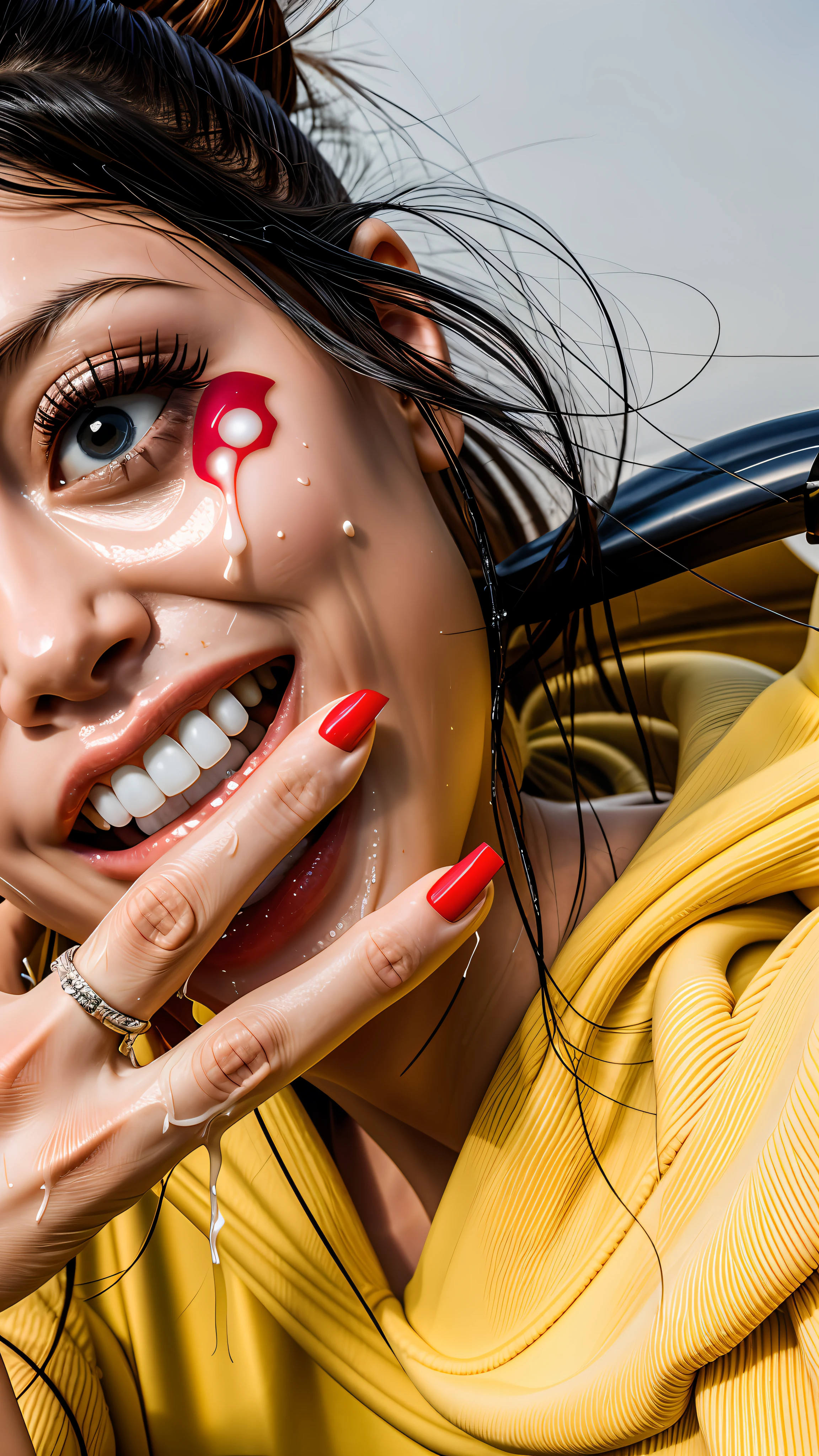 , facial enjoyment, white milk dripping down the face, wet face with white liquid oozing out, water, falling white water on the face, large fleshy lips oozing white liquid