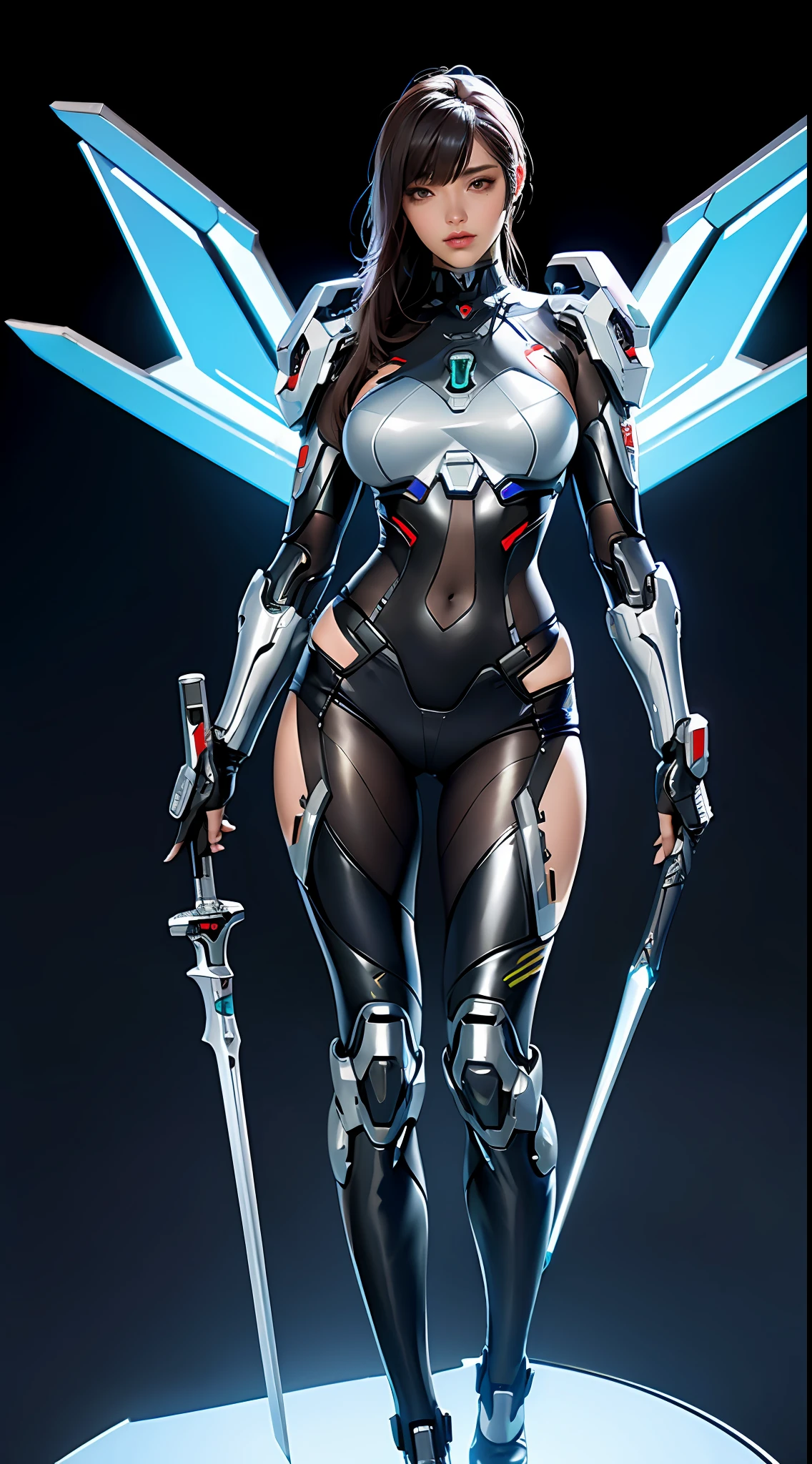 A woman in a futuristic cyberpunk nanosuit, holding a sword, full-size photo, long legs, slightly fat, navel, transparent skin, perfect body shape, artistic femininity, macro distance, mechanized Valkyrie girl, Fira red mech, mecha network armored girl, female mech, extremely detailed Artgerm, Overwatch echo, gorgeous female paladin, advanced rendering, depth of field, ruins background