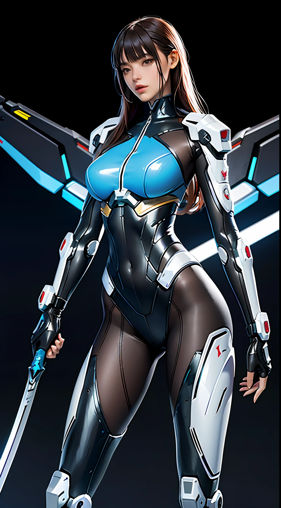 A woman in a futuristic cyberpunk nanosuit, holding a sword, full-size photo, long legs, slightly fat, navel, transparent skin, perfect body shape, artistic femininity, macro distance, mechanized Valkyrie girl, Fira red mech, mecha network armored girl, female mech, extremely detailed Artgerm, Overwatch echo, gorgeous female paladin, advanced rendering, depth of field, ruins background