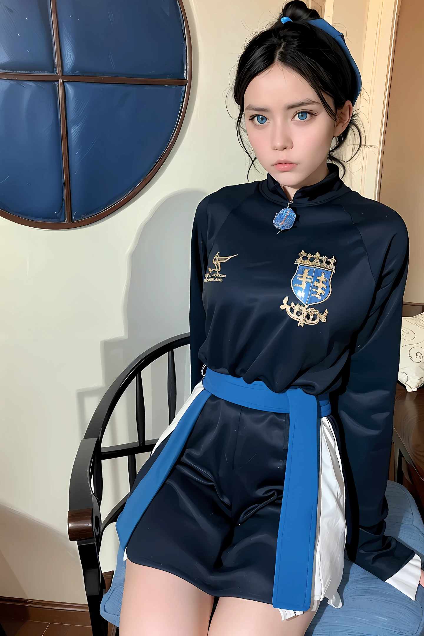 Blue eyes black hair girl wearing Hogwarts uniform