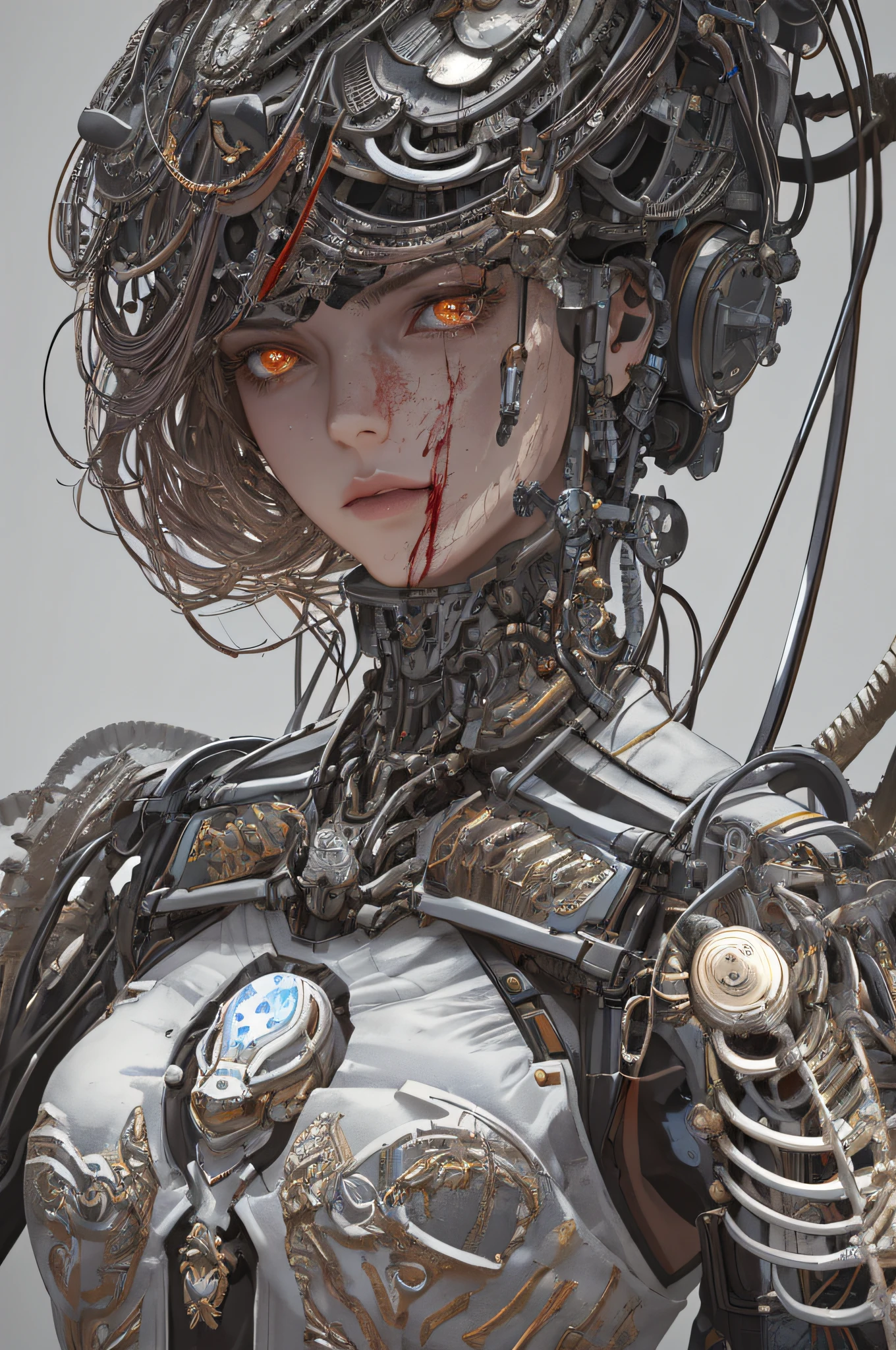 1mechanical girl,((ultra realistic details)), portrait, global illumination, shadows, octane render, 8k, ultra sharp,metal,intricate, ornaments detailed, cold colors, egypician detail, highly intricate details, realistic light, trending on cgsociety, glowing eyes, facing camera, neon details, machanical limbs,blood vessels connected to tubes,mechanical vertebra attaching to back,mechanical cervial attaching to neck,sitting,wires and cables connecting to head