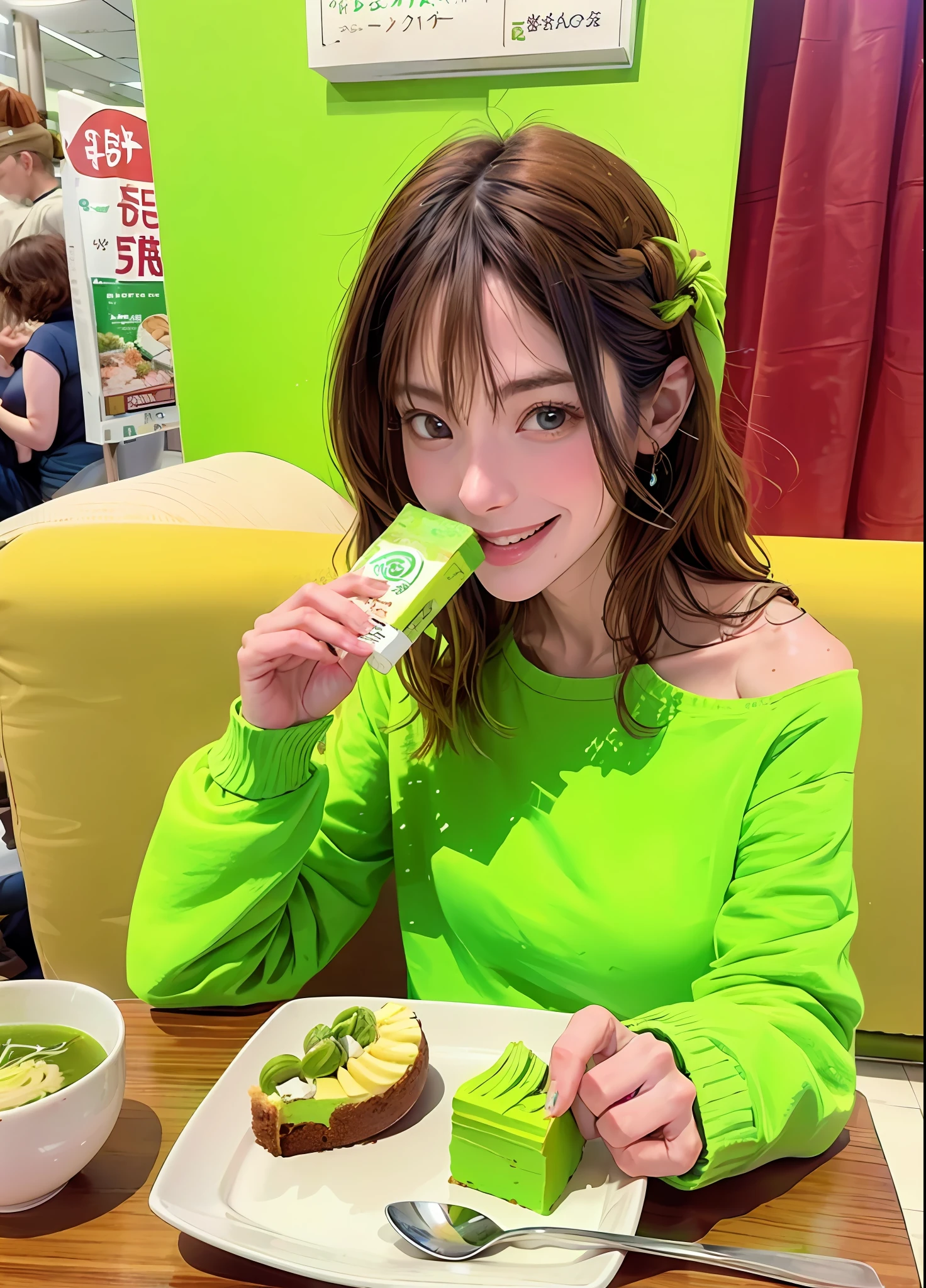 22 year old woman is eating, delicious matcha cake, photorealistic, delicious