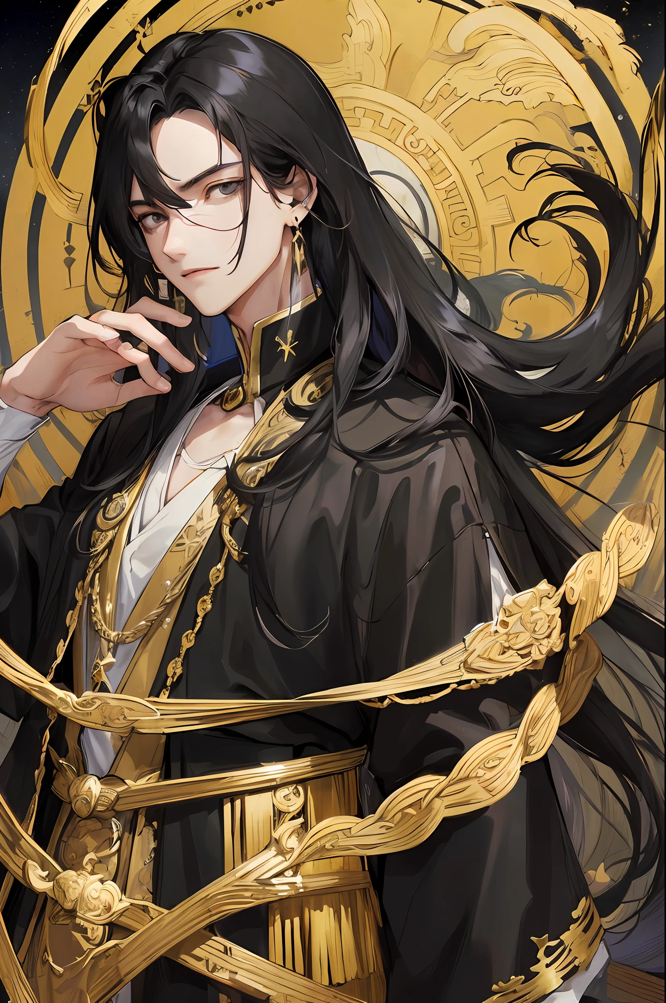 Masterpiece, Best Quality, Night, Full Moon, One Man, Black Hair, Black Eyes, Black Eyes, Split Hair, Long-haired, Long-haired, Long-haired, Man-mae, Serious, Gentle, Tall, Calm, Black and Gold Blend, Gold Pattern, Dragon Pattern Road, Prince, Palace