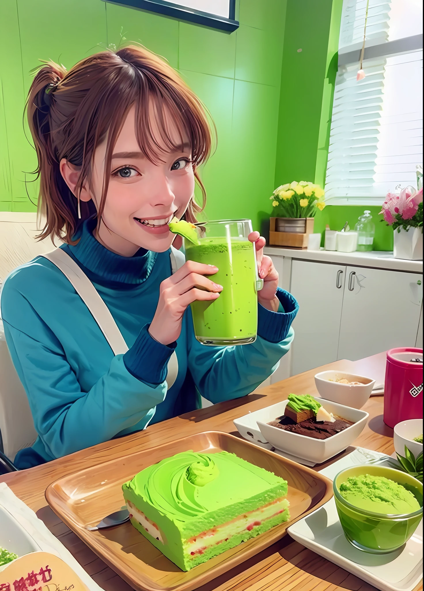 22 year old woman is eating, delicious matcha cake, photorealistic, delicious