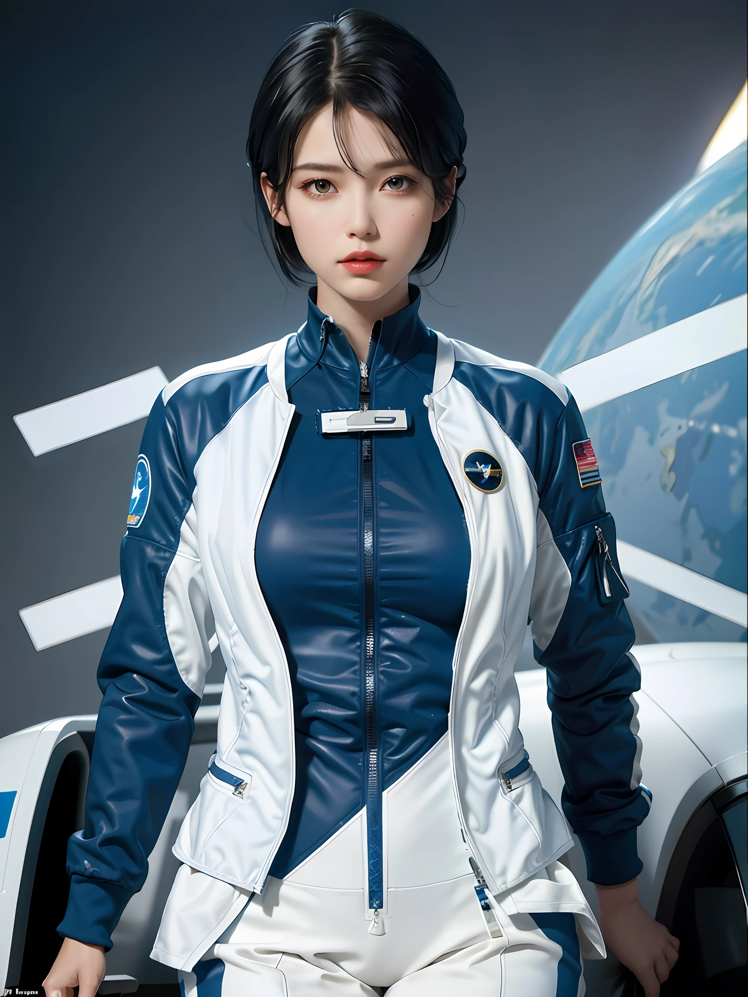 (highest resolution, distinct_image), best quality, masterpiece, highly detailed, semi realistic, a woman with short black hair, mature woman, triple bangs, white and blue color flight suit, tight fitting clothes, clothes covering the whole body, beauty, spacecraft, piloting spacecraft, in flight