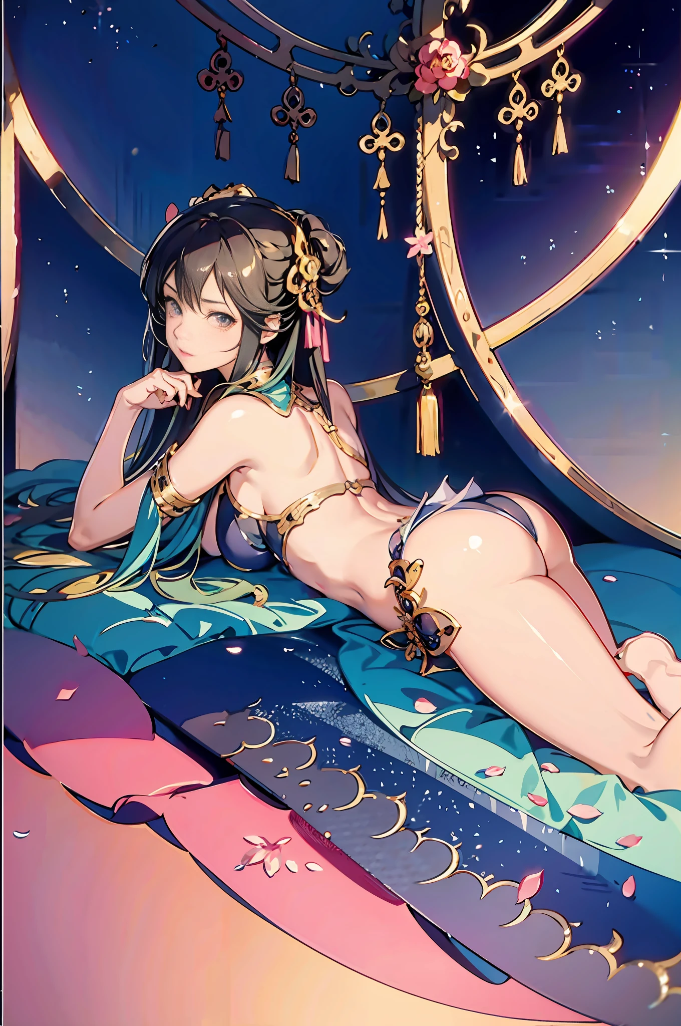 There is a woman lying on the steps with her hips up, anime girl lying on her stomach, anime. Soft lighting, beautiful anime girl lying on her stomach with her hips facing up, her buttocks back facing the camera, her face not looking at the camera. realistic anime, popular on CGSTATION, popular on CGSTATION, seductive anime girls, realistic anime girl rendering, casual pose, [ 4k realism] !!, realistic anime 3D style, attractive erotic pattern stockings,