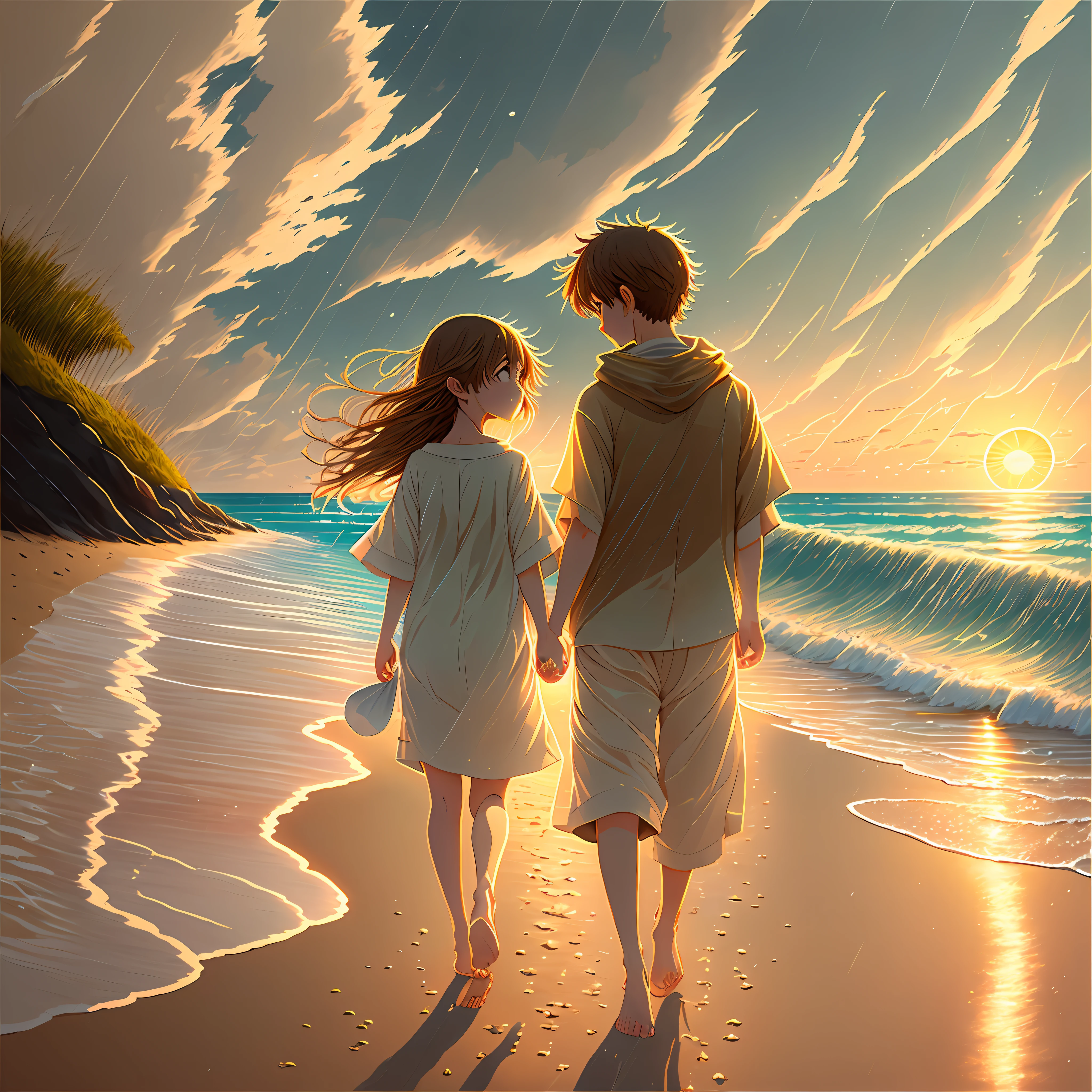 Ultra realistic, highly detailed, masterpiece, award winning picture,1 boy ,1 girl', walking together,beach,sun set time, girl' was shy, and both have shiny eyes, barefoot, weather rainy and windy, Kimi no na wa,anime character, beautiful nature --auto --s2