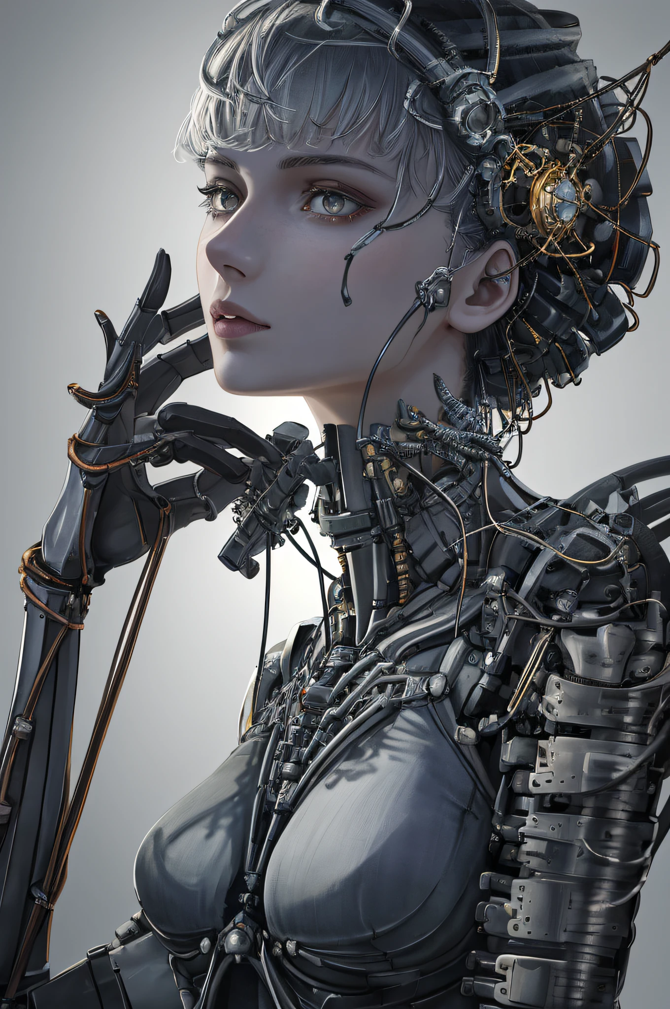1mechanical girl,((ultra realistic details)), portrait, global illumination, shadows, octane render, 8k, ultra sharp,metal,intricate, ornaments detailed, cold colors, egypician detail, highly intricate details, realistic light, trending on cgsociety, glowing eyes, facing camera, neon details, machanical limbs,blood vessels connected to tubes,mechanical vertebra attaching to back,mechanical cervial attaching to neck,sitting,wires and cables connecting to head