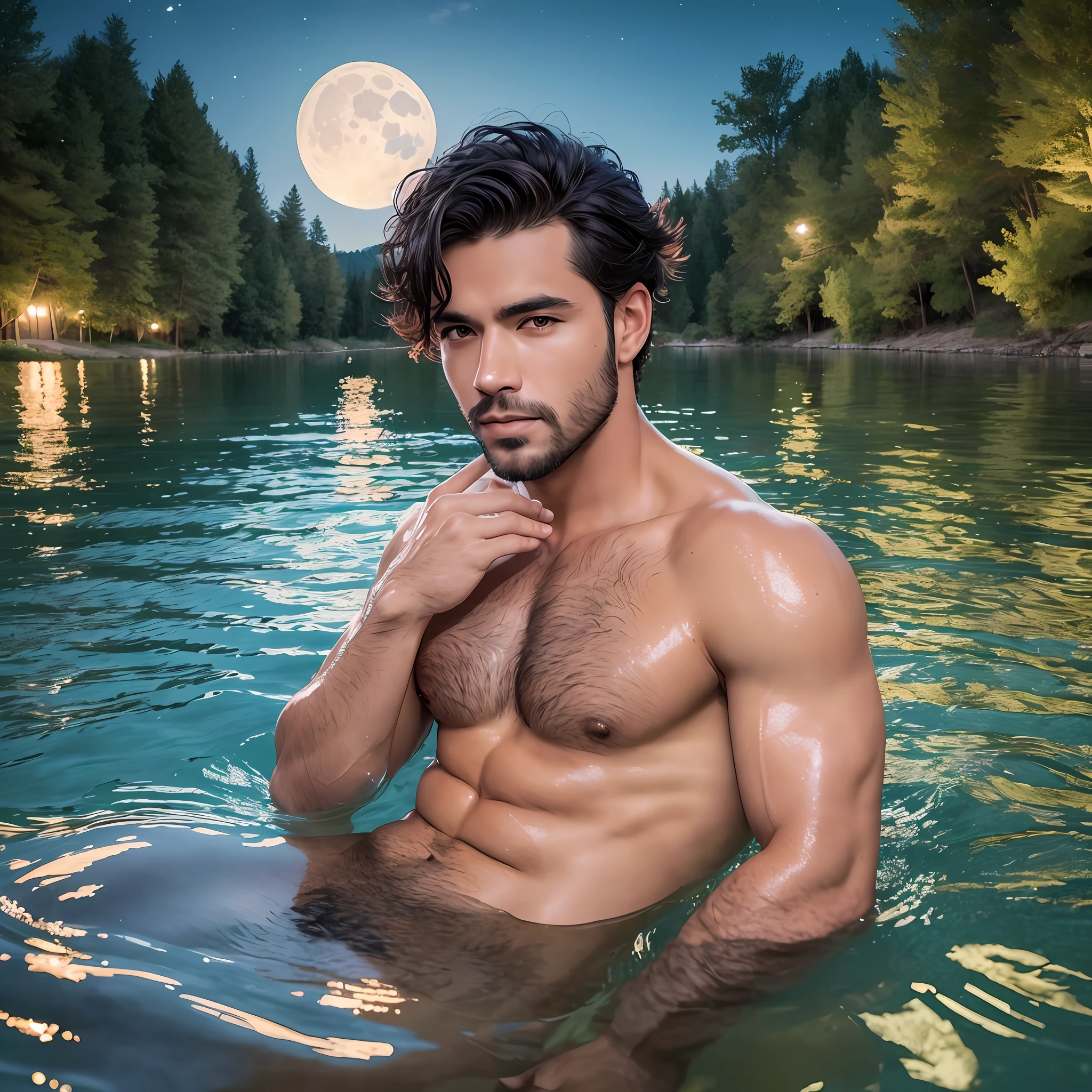Handsome man bathing in a quiet lake on a full moon night
