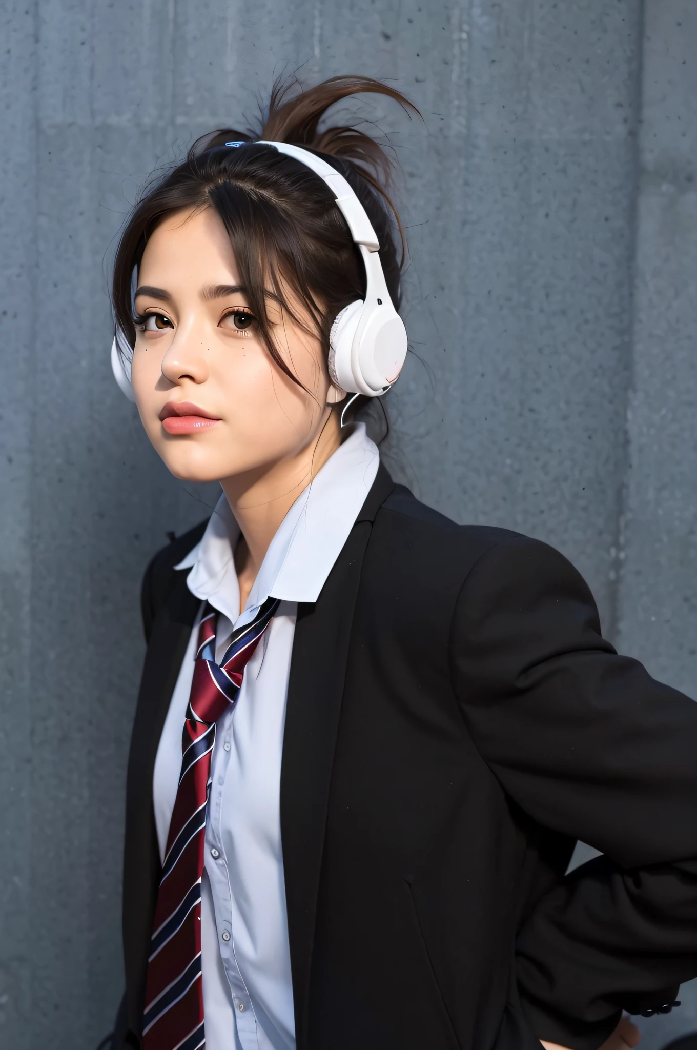 arafed woman in a suit and tie with headphones on, with head phones, wearing headphones, with headphones, girl wearing headphones, girl in suit, wearing a headset, girl in a suit, wearing modern headphone, wearing headset, wearing gaming headset, high quality portrait, wearing a gaming headset, female marty mcfly, headphones, isabela moner, wearing black headphones