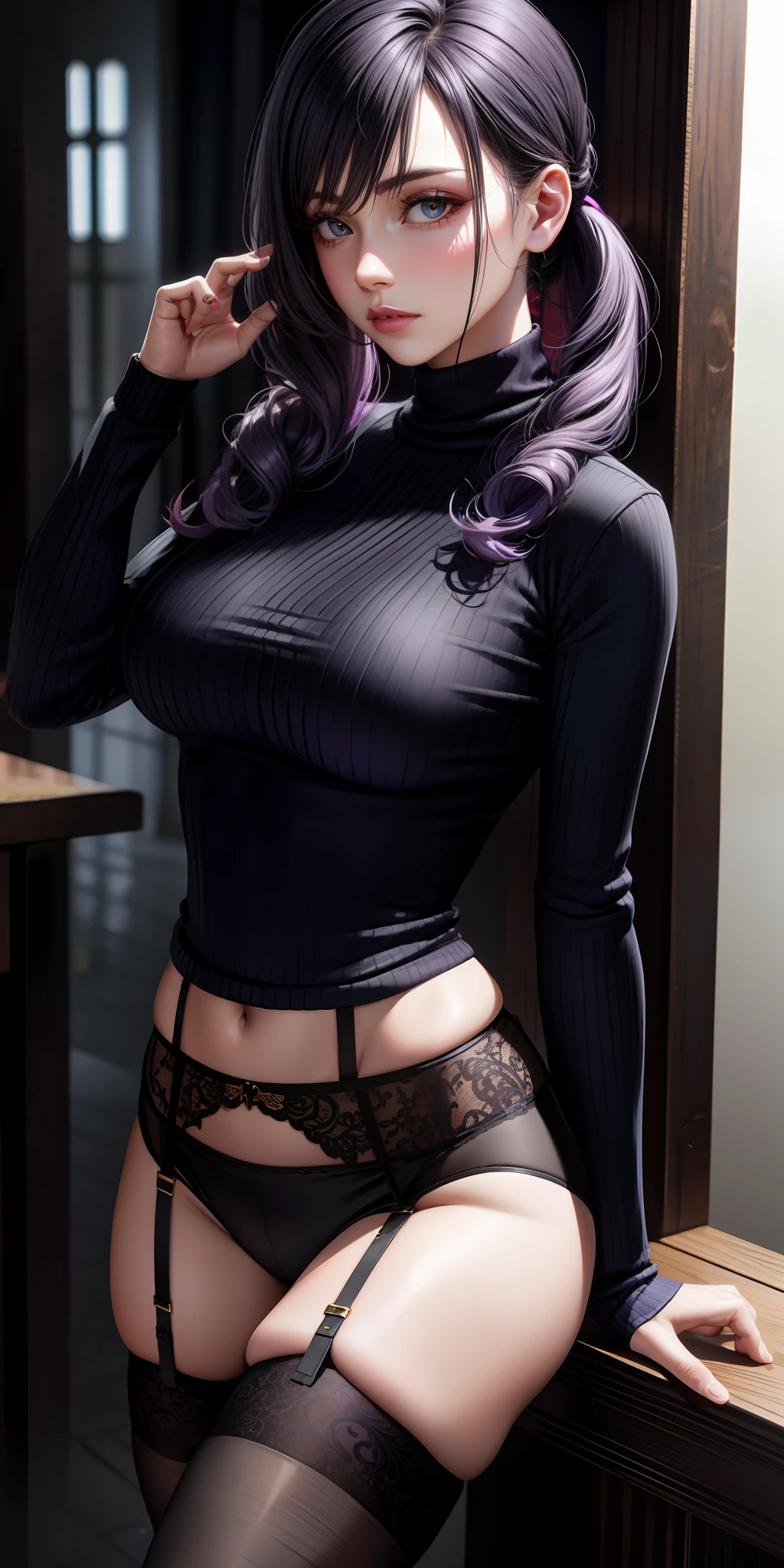 realistic women, turtleneck sweater purple wearing, garter belt black, hairstyle short