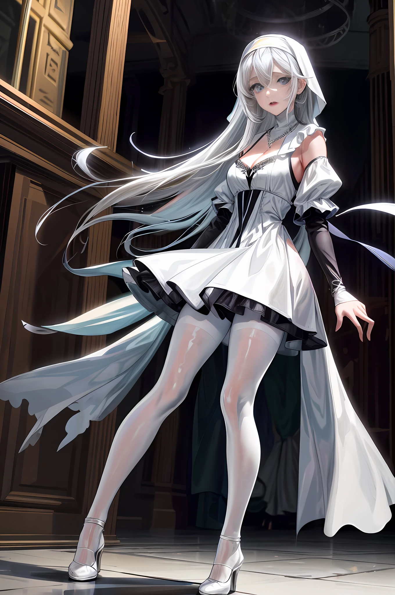 Best quality, masterpiece, high resolution, ultra-realistic 8k CG, beautiful girl with white hair, blue eyes, open mouth, puffy, plump body, nun bandana, (tunic|nun dress), fleshy thighs, (full body white pantyhose), high heels, (full body), look at the audience, spread your legs and spread your legs apart, symmetrical, charming, complex, sexy, elegant, hands interlocked, hair accessories, necklaces, cleavage, Tyndall effect, realistic, dark studio, edge lighting, two-tone lighting, (High Detail skin: 1.2), 8K UHD, DSLR, Soft Light, High Quality, Volumetric Light, Voyeur, Photo, High Resolution, 4K, 8K, Background Blur,