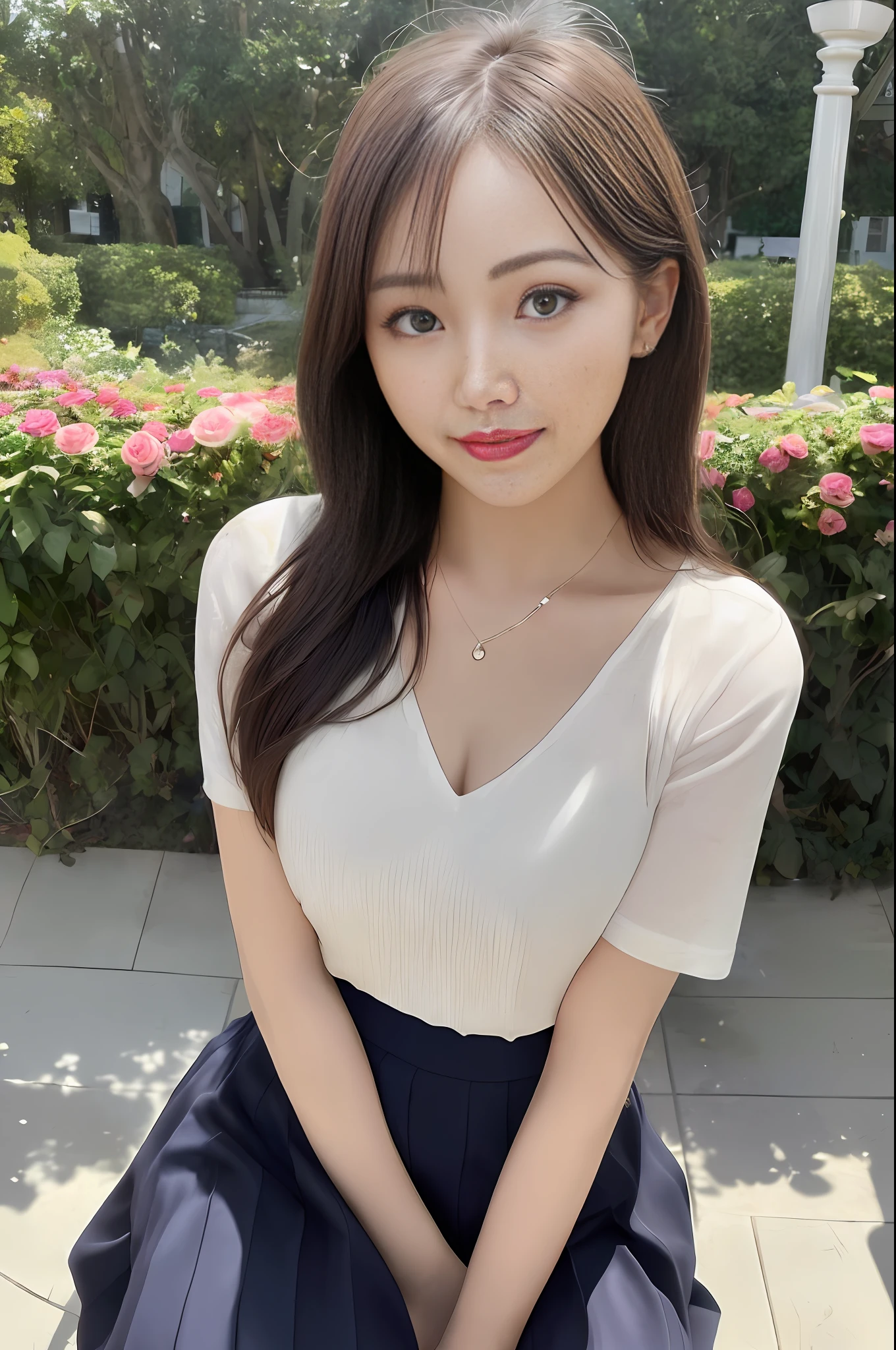 RAW, (Intricate Details: 1.3), (Best Quality: 1.3), (Masterpiece: 1.3), (Realistic:1.4), (Masterpiece, Best Quality, Ultra Detailed), [Reflection], Ultra Realistic,
(Best Lighting, Best Shadows, Extremely Delicate and Beautiful), shot by Canon EOS, SIGMA Art Lens 35mm F1.4, ISO 200 shutter speed 2000, vivid picture, 1 girl, super detailed,
Ultra-high resolution, very detailed physically based rendering, dynamic angles, dynamic poses, wind, 8K UHD, vivid graphics, high definition, high-quality textures, complex details,
Accent lighting, (Backlight:1.3), Professional lighting, Face lighting, Film lighting, Bokeh,
(Best Quality True Texture Skin: 1.4), Fine Fine Eyes, Fine Fine Face, Fine Eyes,
Fine texture, fine detail, high detail, extremely detailed CG, high quality shadows, realistic facial expression, (high detail skin, skin detail), slender waist, beautiful realistic and detailed hands and fingers: 1, optimal ratio of four fingers and one thumb, (detailed face, detailed eyes, beautiful face), belly fat: 0.1, looking at the audience,
1girl, 19yo, (sparkling eyes: 1.3), (sparkling lips: 1.3), (necklace), (looking at the audience), (small breasts), (dresses and pleated skirts), (from below), (open legs: 0.7), (tired sleepy and smiling: 1.2),
Outdoor, (in the middle of a rose garden), (long shot, full body shot, rule of thirds)