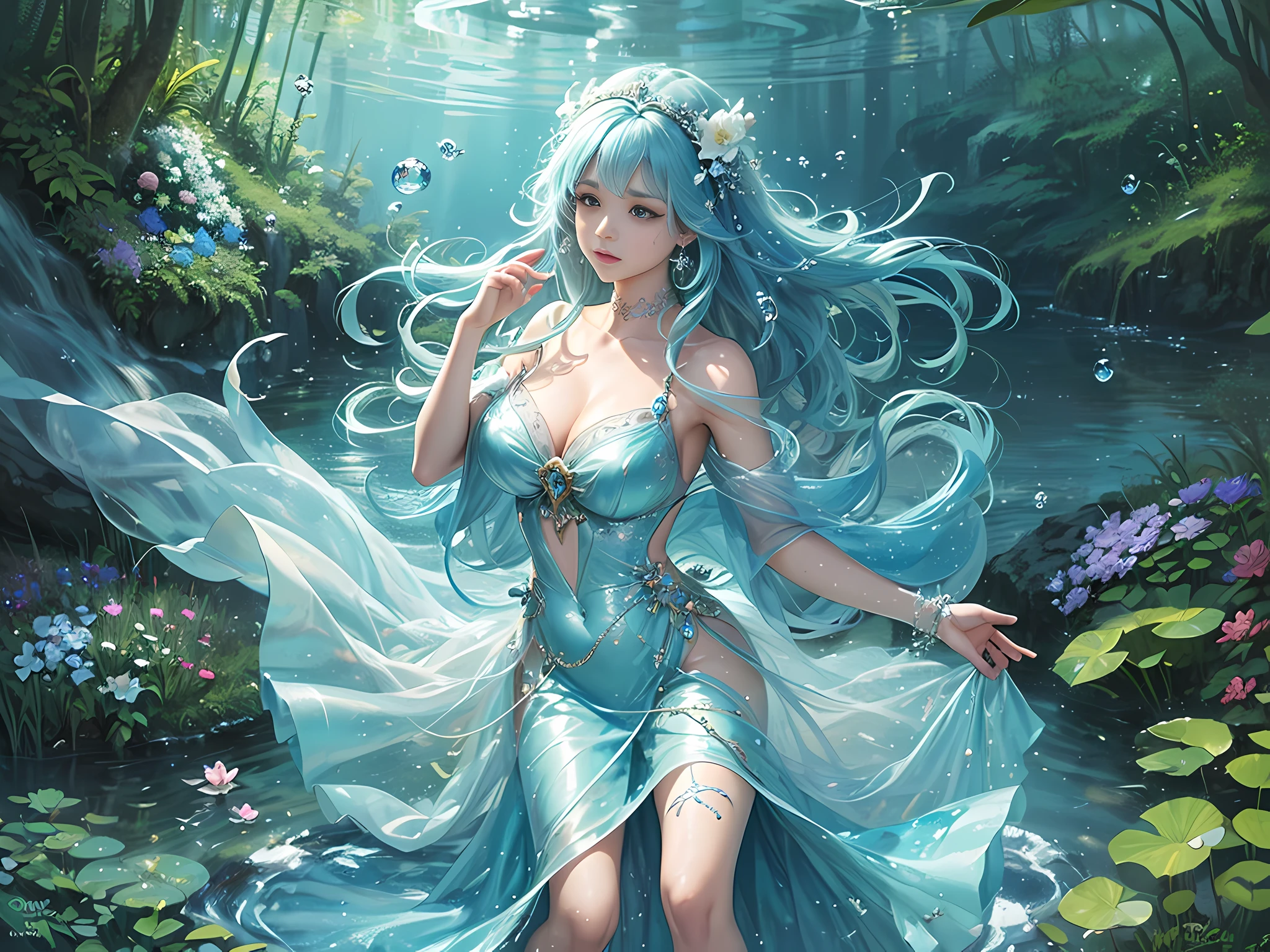 ((best quality)),((masterpiece)),(detailed),(realistic),(graceful),(magical girl),(water magic),a young enchantress,radiating an aura of elegance and innocence,stands near a glistening waterfall in a lush,enchanted forest. Her flowing aqua-colored hair cascades down her back,adorned with delicate water lilies. Dressed in a shimmering blue and silver gown,she holds out her hands,summoning the power of water magic. Sparkling droplets dance around her,forming intricate patterns and graceful arcs,as she creates a mesmerizing aquatic display. Gentle streams of water spiral and twirl,arching gracefully above her,while delicate water tendrils extend from her fingertips,weaving a captivating aquatic symphony. The air is filled with a refreshing mist,carrying the soothing sound of trickling water and the sweet scent of blooming flowers. [fantasy art:1.1],[magical girl:1.2],[water elemental:1.1],(whimsical atmosphere:1.2),(digital painting:1.1),