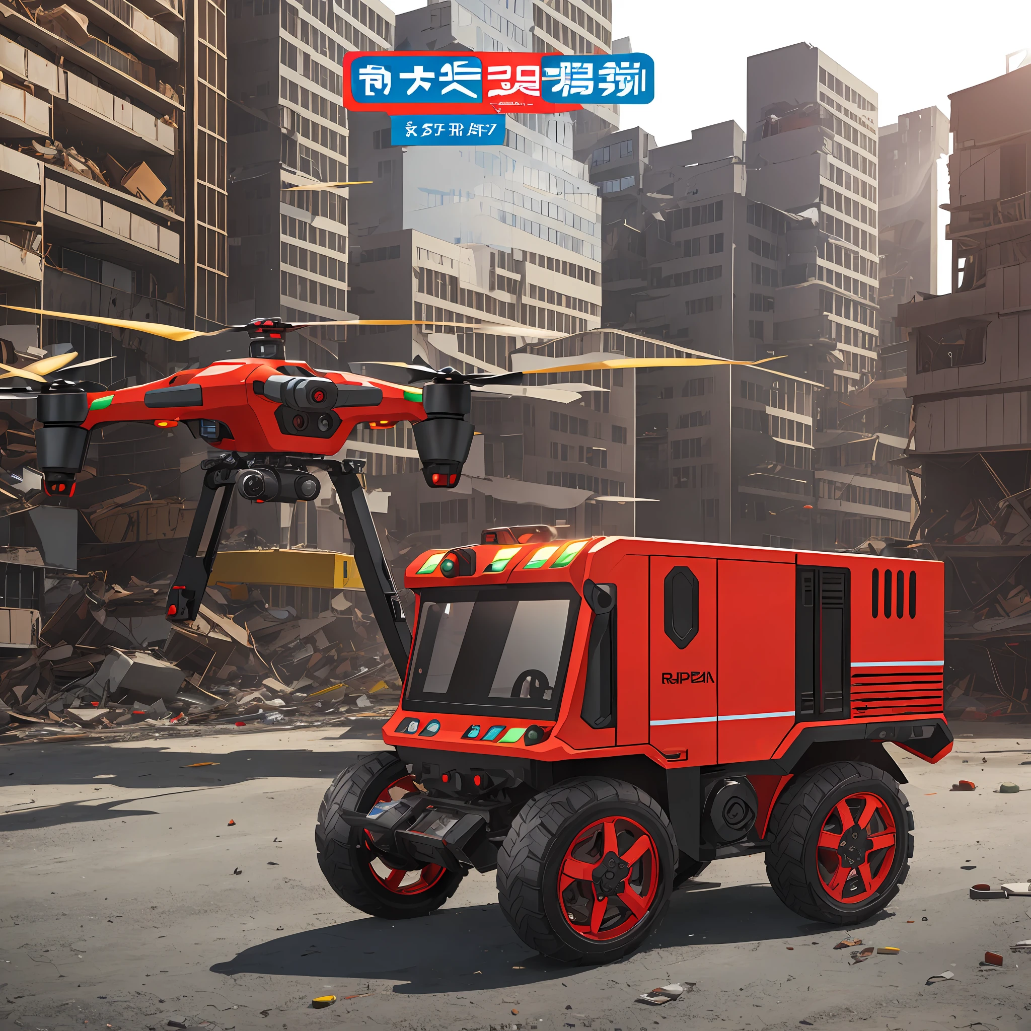 Urban disaster scene, rapid response rescue robot, modular design, equipped with drone detection, high building integrity rate, jump search and rescue, beautiful product appearance and exquisite details. --auto --s2