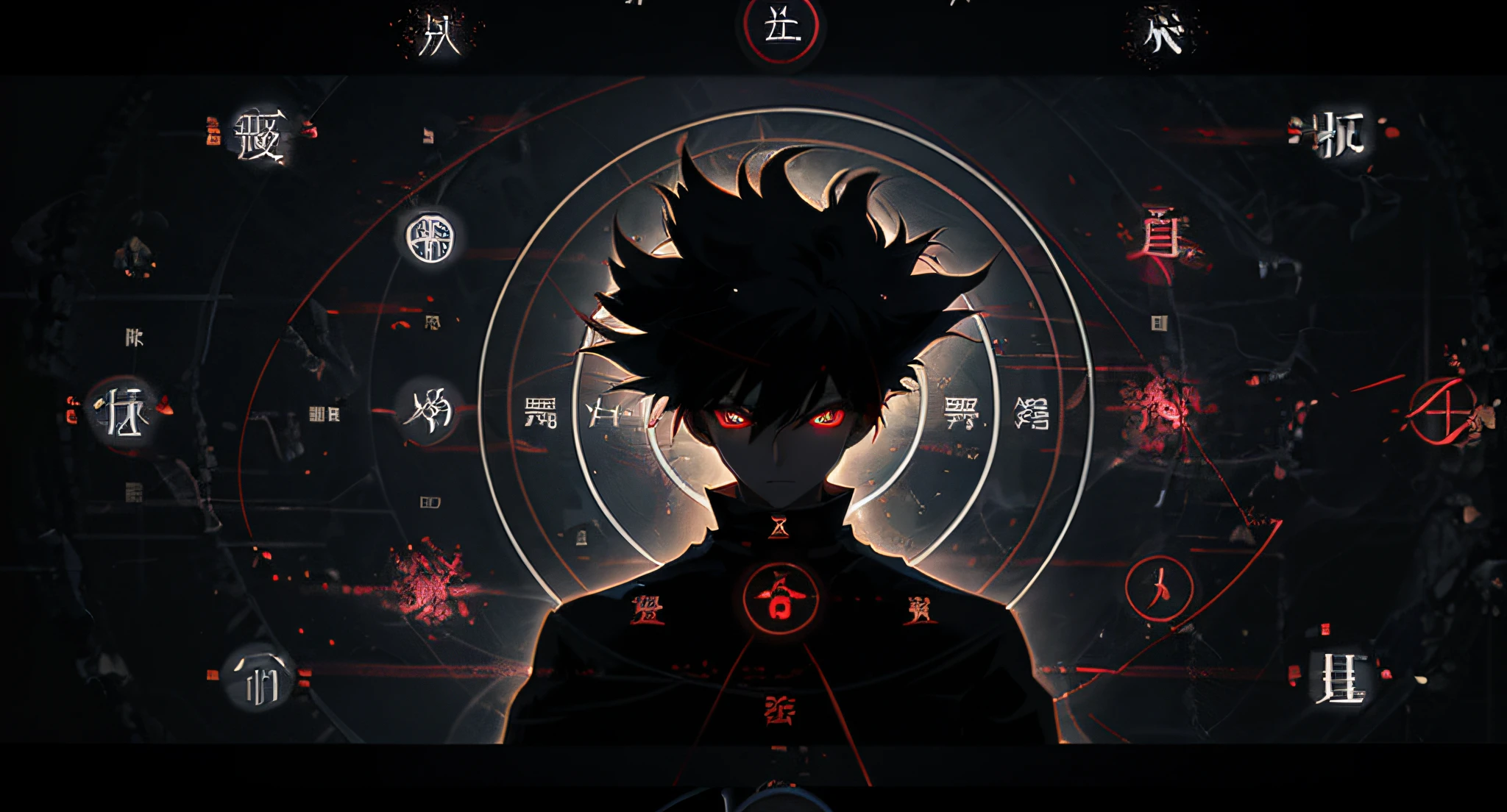 Anime characters with red eyes and black hair in front of dark background, badass anime 8 K, digital anime illustration, advanced digital anime art", advanced anime digital art, anime rune paper, anime epic artwork, anime style 4 K, advanced digital anime art, digital advanced anime art, anime style artwork, digital anime art, otaku gangasta, anime graphic illustration