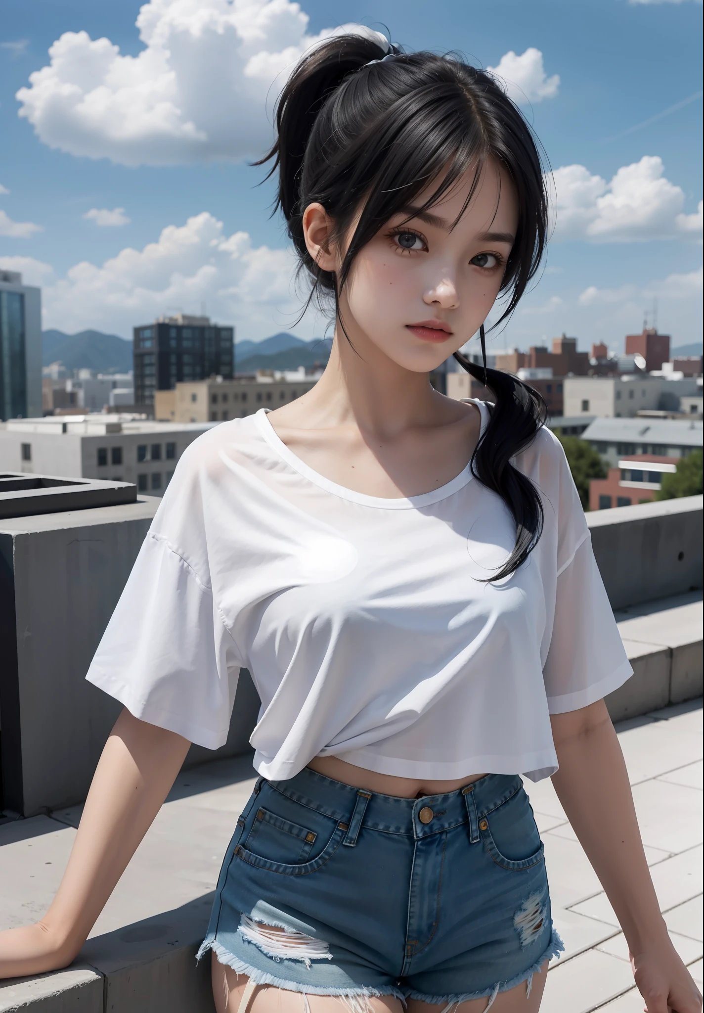 Best Quality, Masterpiece, Ultra High Resolution, (Realisticity: 1.4), Original Photo, girl, Tifa, Cinema lighting, Outdoor, Rooftop, Sunny day, blue sky and white clouds, Conservatively dressed, denim shorts, loose white shirt with pattern, lower abdomen, bodybuilding, fashionable girl, Pick dye gradient hair, bangs, high ponytail, large bust, facial focus,