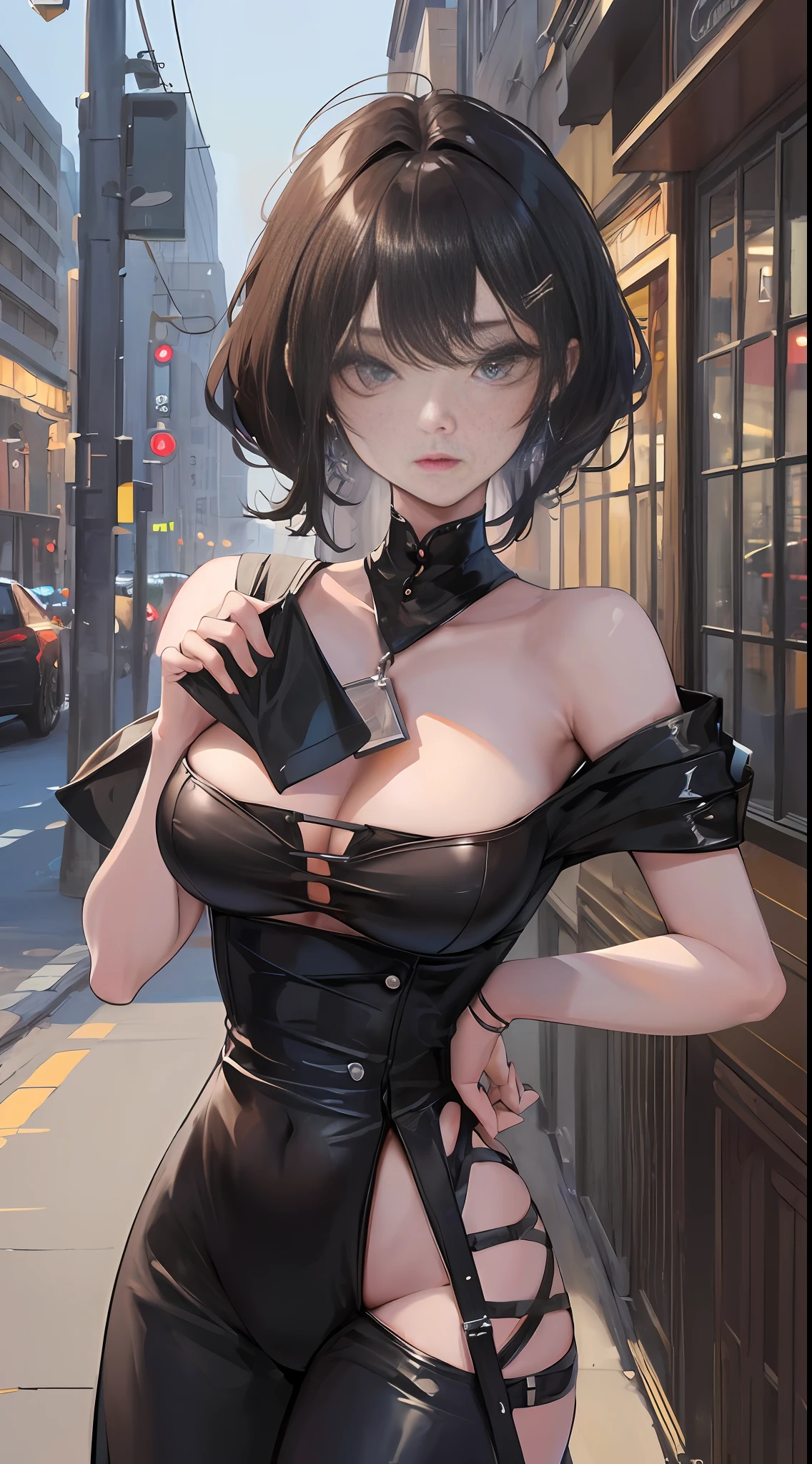 ((Top Quality, 8K, Masterpiece: 1.3)), Sharp Focus: 1.2, Cute Beauty with Perfect Figure: 1.4, Slim Big: 1.2, ((Black Casual Hairstyle, Big: 1.2, Big: 1.2)), (Black Rider Suit), (Semi-nude, Ecstatic, Standing: 1.2, Sexy Pose), (Exposed Cleavage), ((Simple Cityscape: 1.3 created mainly in women)), very detailed face and skin texture, fine eyes, double eyelids,