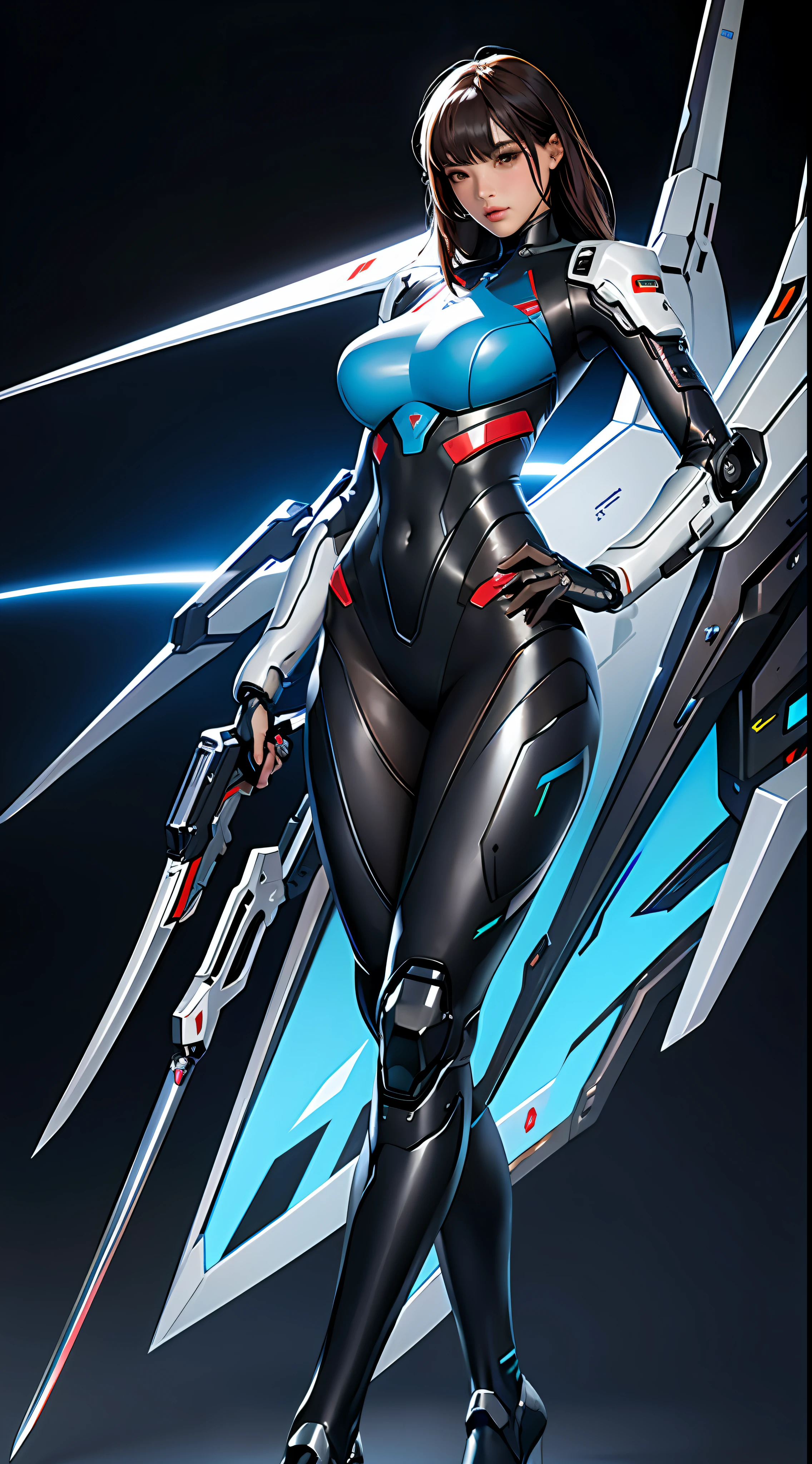 A woman in a futuristic cyberpunk nanosuit, holding a sword, full-size photo, long legs, slightly fat, navel, transparent skin, perfect body shape, artistic femininity, macro distance, mechanized Valkyrie girl, Fira red mech, mecha network armored girl, female mech, extremely detailed Artgerm, Overwatch echo, gorgeous female paladin, advanced rendering, depth of field, ruins background