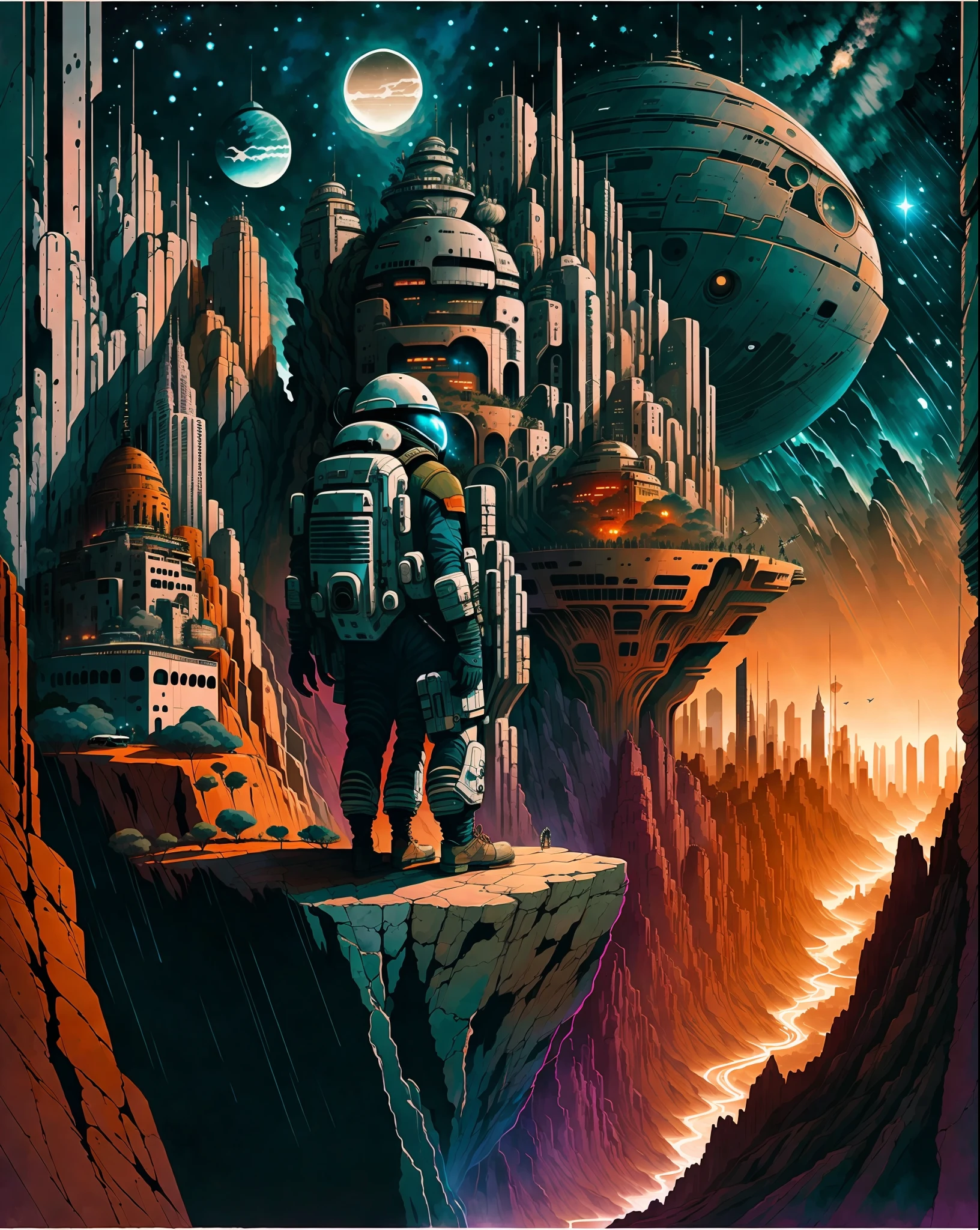 an astronaut standing on a karst mountain overlooking a dystopian new york city, on an extrasolar planet complete with lush scenery, night view, illustration, cartoon, soothing tones, calm colors, (dark shot:1.17), epic realistic, faded, ((neutral colors)), art, (hdr:1.5), (muted colors:1.2), hyperdetailed, (artstation:1.5), cinematic, warm lights, dramatic light, (intricate details:1.1), complex background, (rutkowski:0.8), (teal and orange:0.4)