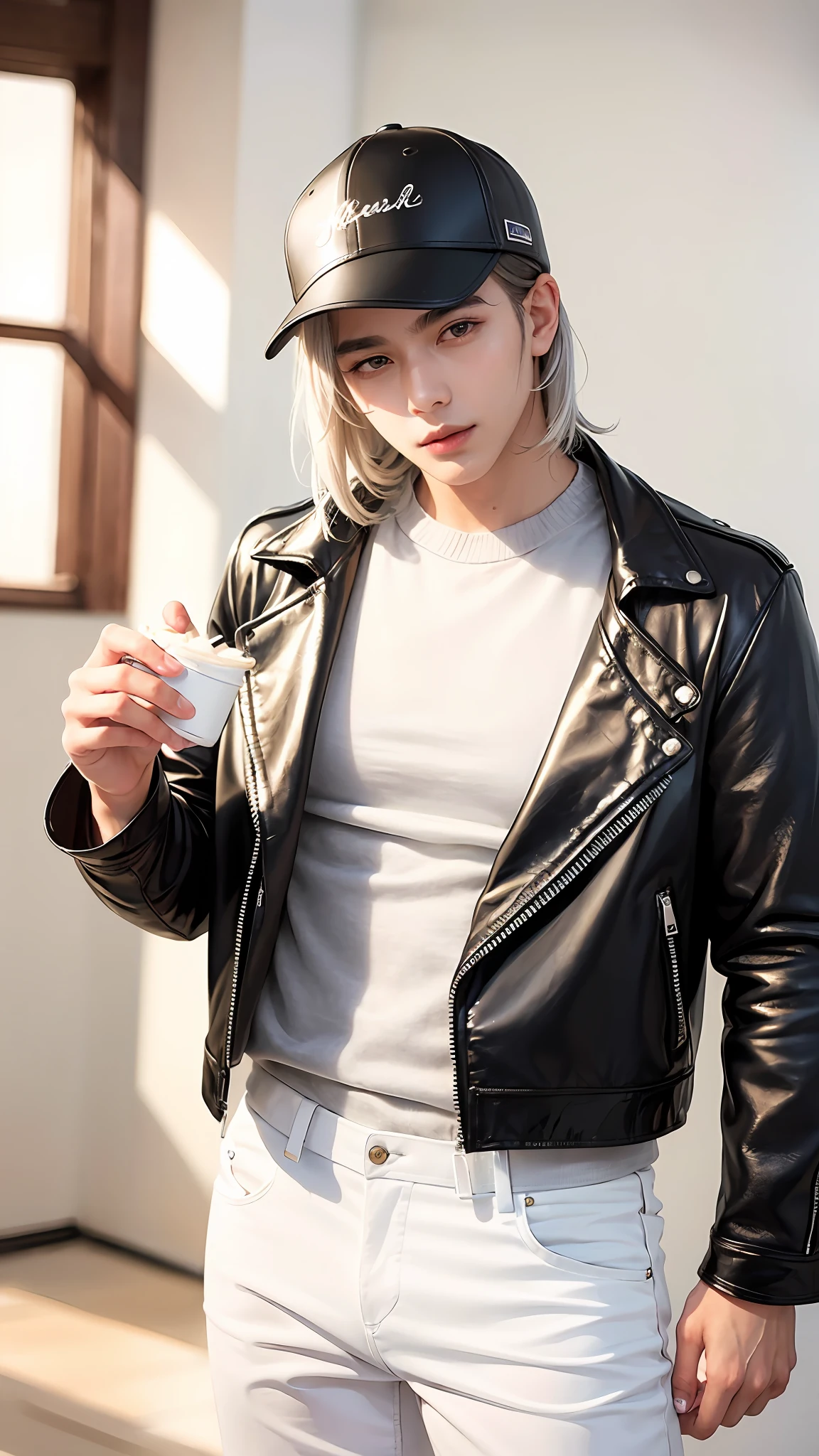 Handsome young man wearing a leather jacket, wearing a cap, with silver hair, holding ice cream, silver messy hair, handsome, (8k, RAW photo, photorealistic:1.25) ,( lipgloss, eyelashes, man, gloss-face, glossy skin, dark skin, dark snik, male, best quality, ultra highres, young man, depth of field, chromatic aberration, caustics, Broad lighting, natural shading,Kpop idol) looking at viewer with a serene and god-like happiness,