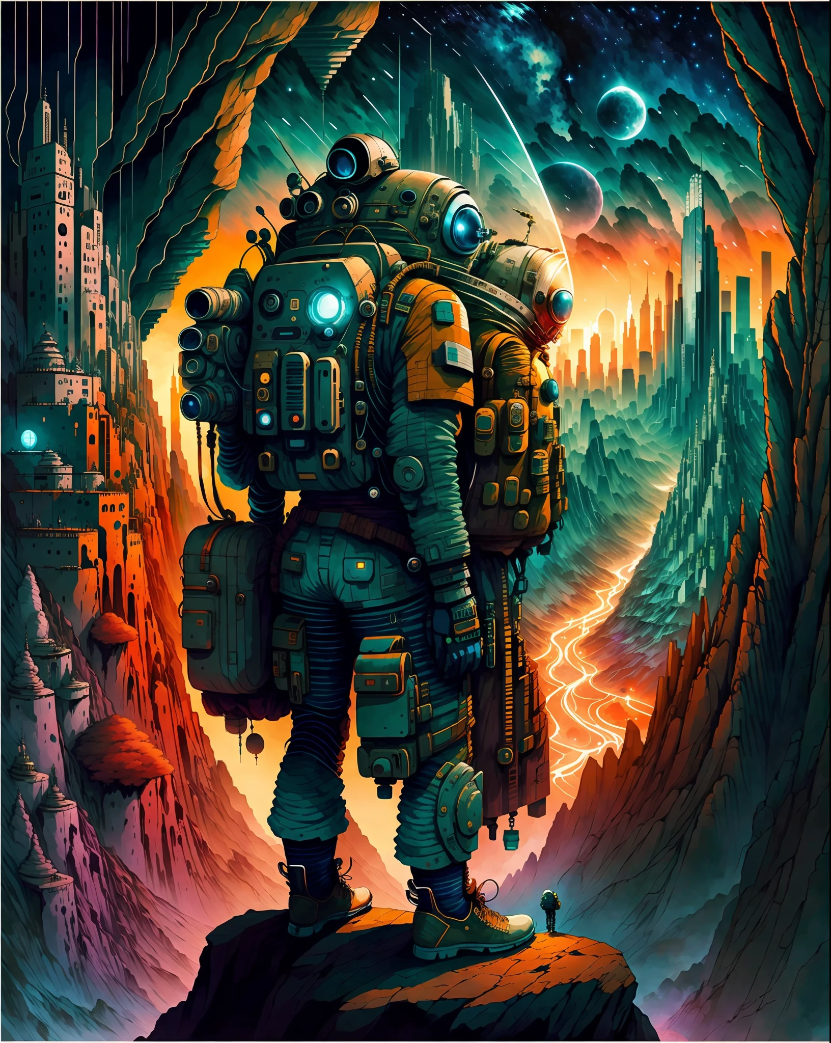 an astronaut standing on a karst mountain overlooking a dystopian new york city, on an extrasolar planet complete with lush scenery, night view, illustration, cartoon, soothing tones, calm colors, (dark shot:1.17), epic realistic, faded, ((neutral colors)), art, (hdr:1.5), (muted colors:1.2), hyperdetailed, (artstation:1.5), cinematic, warm lights, dramatic light, (intricate details:1.1), complex background, (rutkowski:0.8), (teal and orange:0.4)