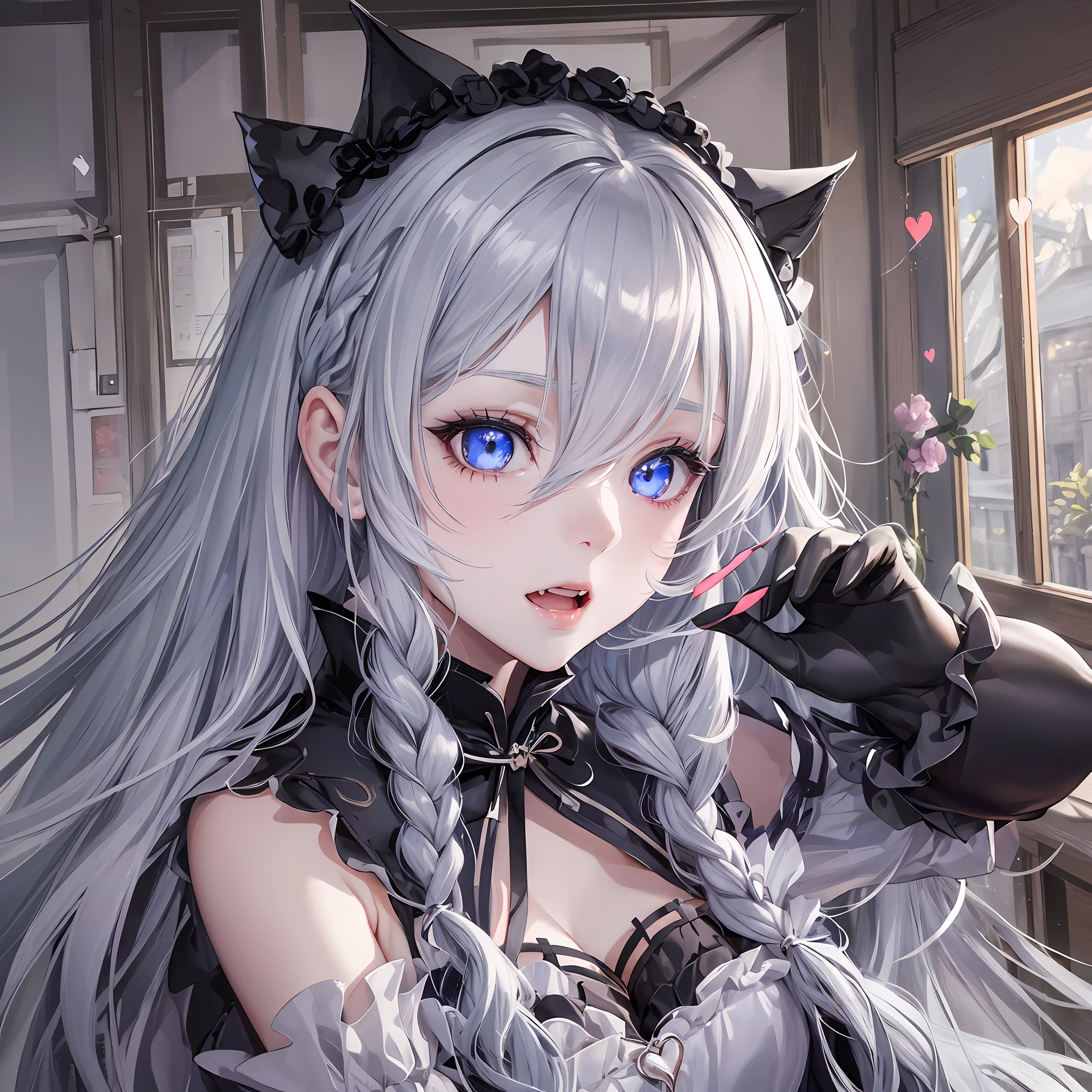 1 girl, big, kyonshi, long gray hair, pale skin, heart-shaped light blue eyes, fangs, abnormally long braids, black cat ears, --auto --s2