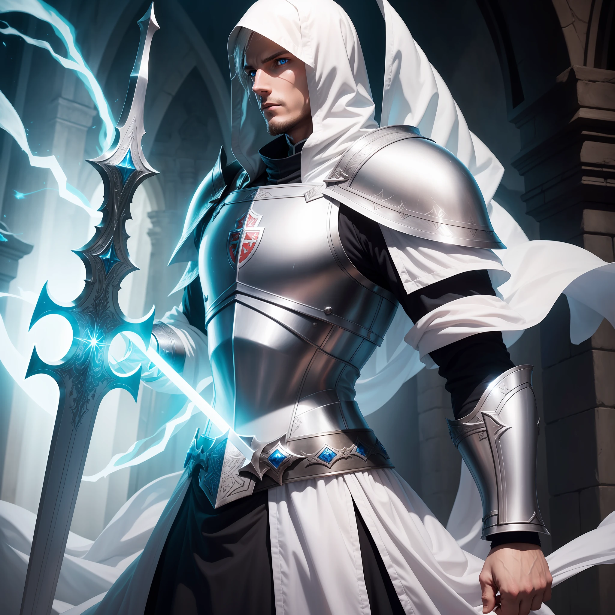 a Templar knight, wearing white armor, wearing a long sword, without a helmet, blue eyes, wrapped in an aura of light