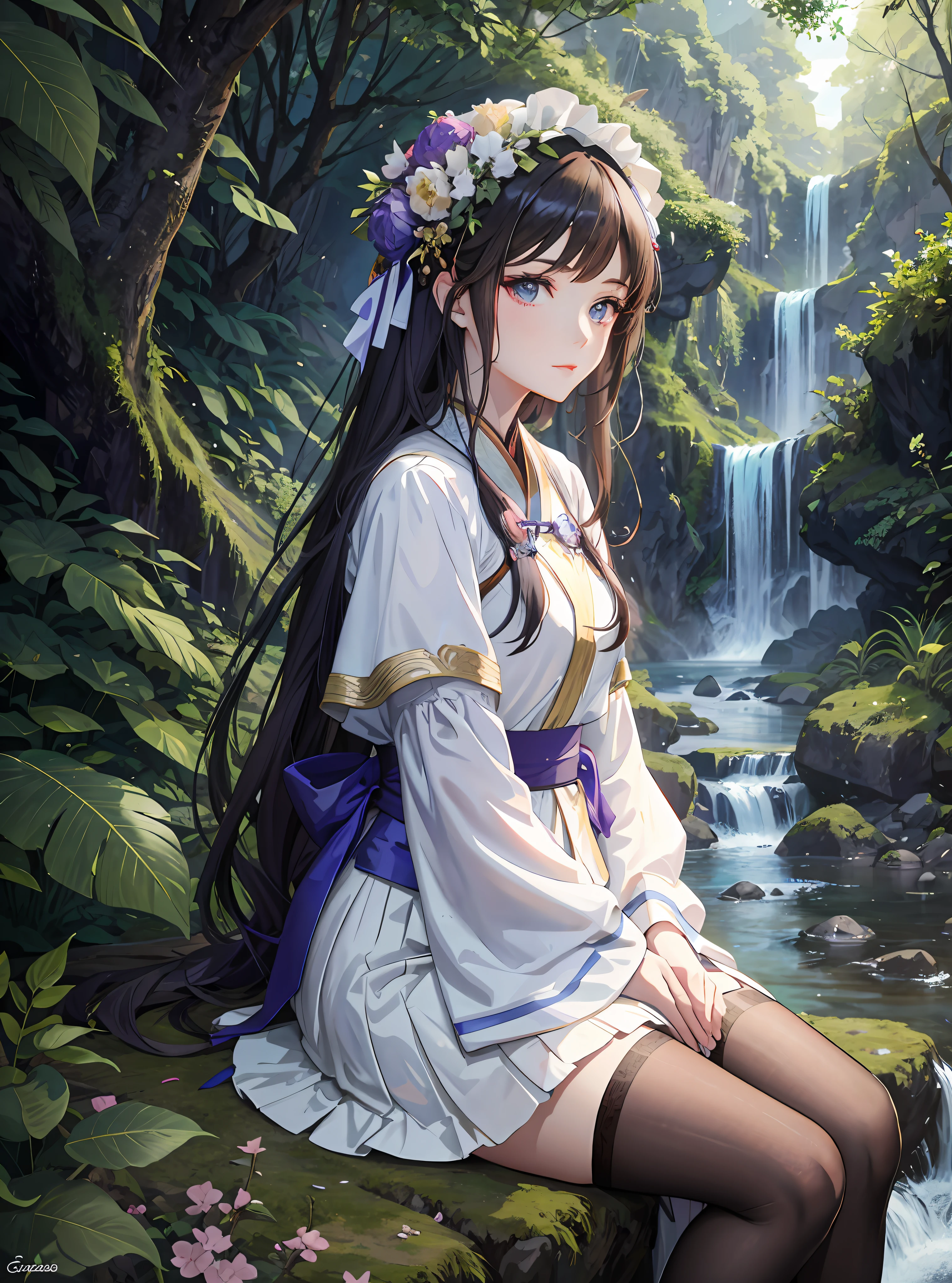 Anime girl sitting on rock in front of waterfall, palace, girl in Hanfu, Guvez style artwork, beautiful anime girl, fantasy art style, beautiful anime portrait, beautiful girl, long-haired anime girl, beautiful character painting, Chinese goddess, Guviz, 2. 5d CGI anime fantasy artwork, beautiful fantasy anime