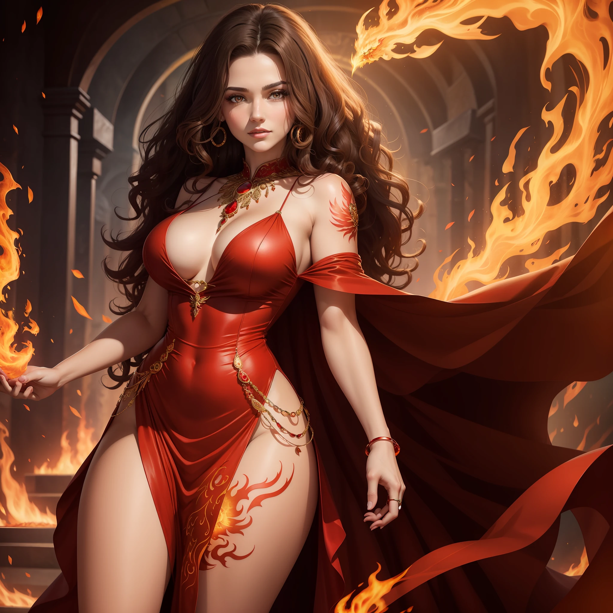 A brunette woman with curly hair, amber eyes, wearing a red dress, rings with elemental jewels on all her fingers, with phoenix tattoo on her thighs and an aura of phoenix fire around her body