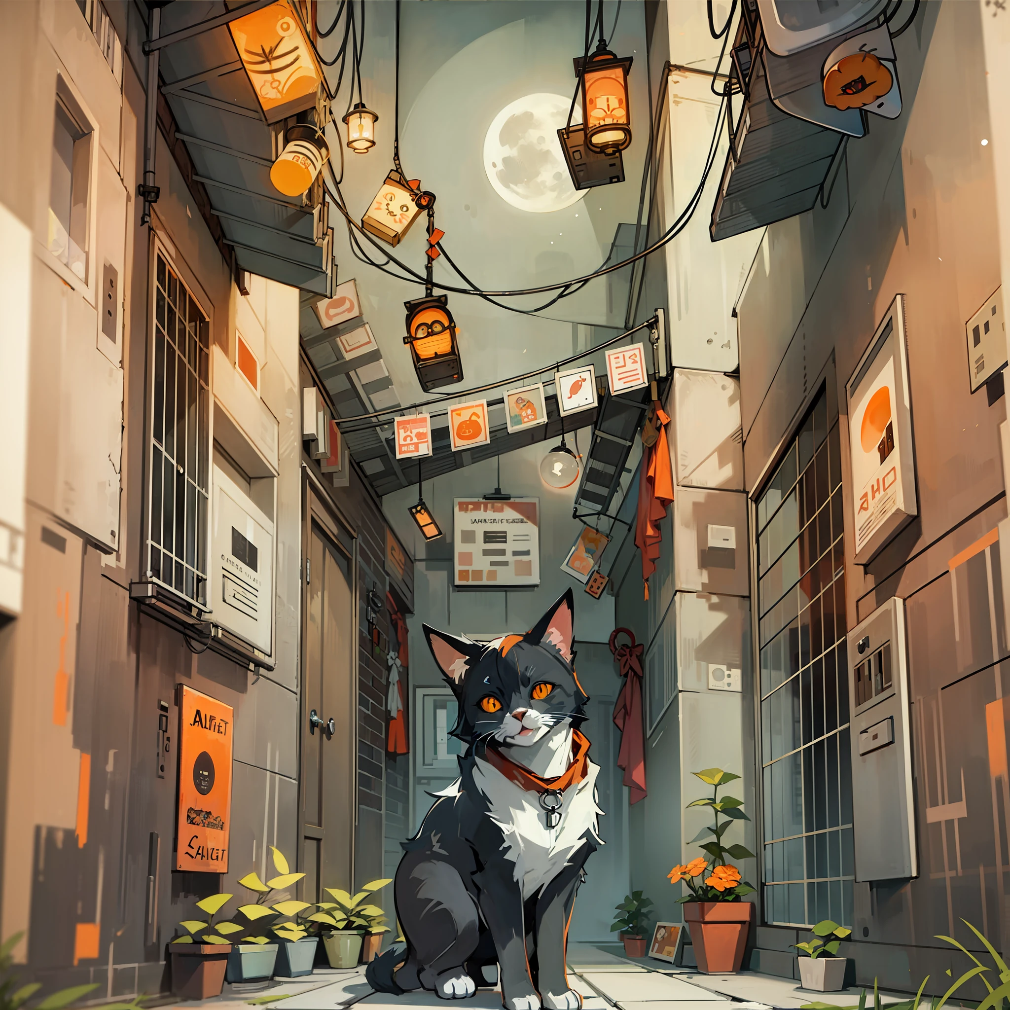 cat, orange, cute, big eyes, masterpiece, full moon, alley