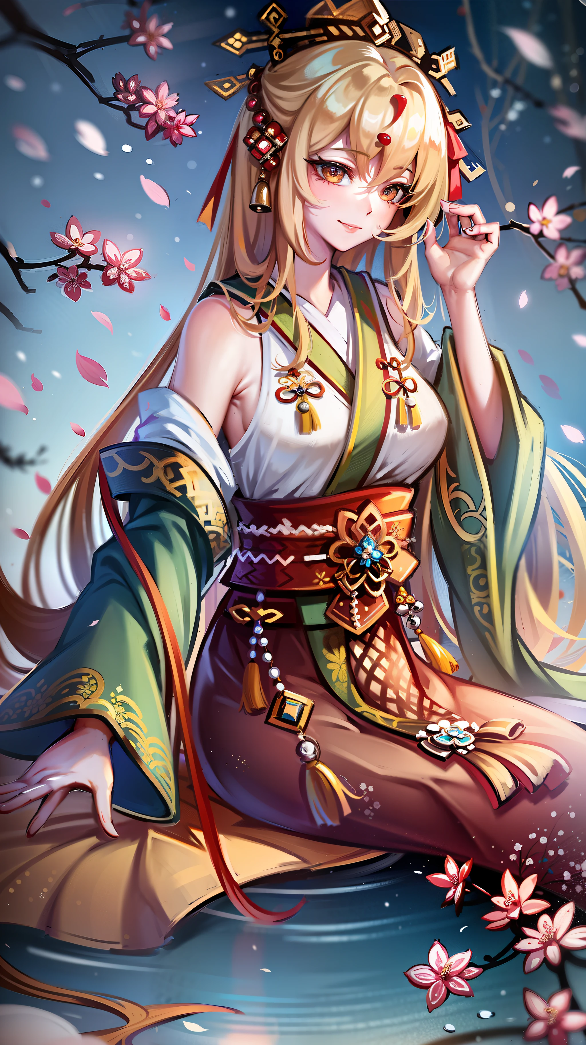 (8k, best quality, masterpiece: 1.2), (realistic, photorealistic), (1 girl), solo, detailed golden eyes, long hair, sitting, close to the audience, (hanfu, ming, ming dynasty, ming costume: 1.4), light smile, (arm behind back), water, sunny, (cherry blossoms), snow mountain lake in the background,
